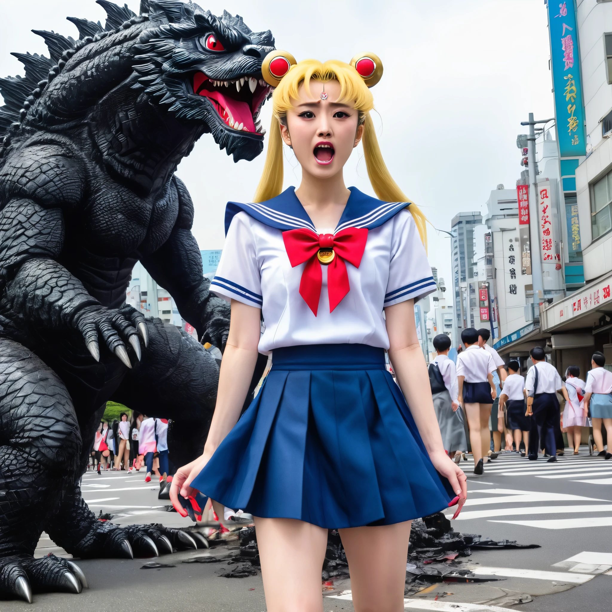 Sailor Moon (tattered uniform) screams in terror, and flees from Godzilla in a battered Tokyo