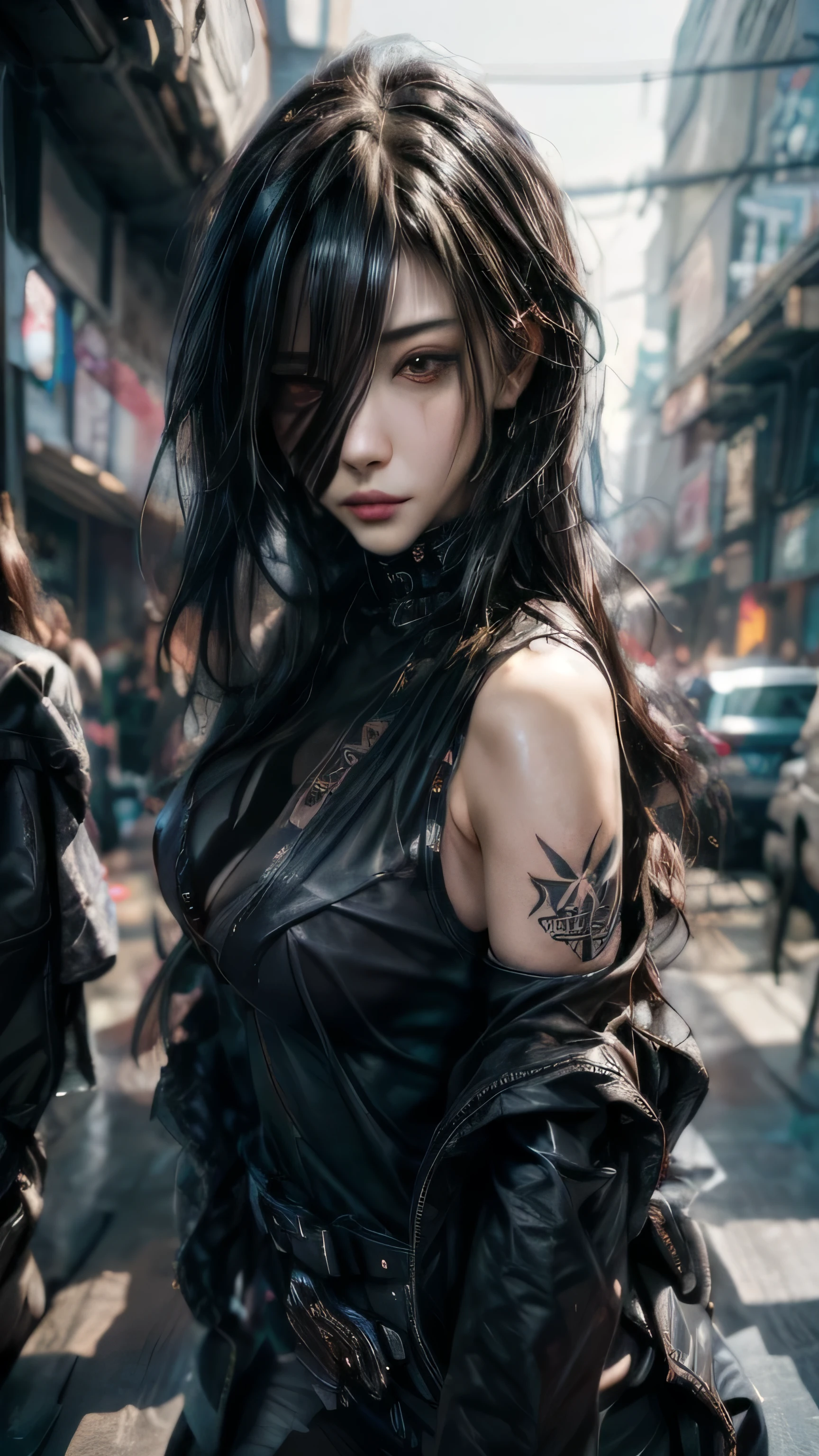 arafed woman with black hair and a tattoo on her arm, artwork in the style of guweiz, 1 7 - year - old anime goth girl, cyberpunk anime girl, gothic maiden anime girl, anime style 4 k, anime style. 8k, gothic - cyberpunk, female cyberpunk anime girl, gothic city streets behind her, anime cyberpunk art, neo goth