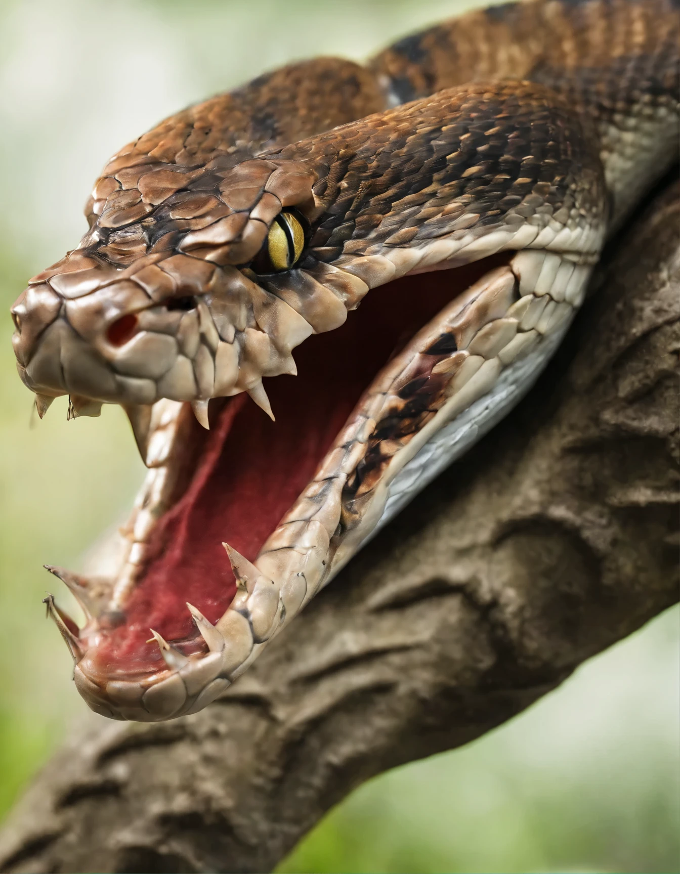 a close up of a snake on a branch with a blurry background, a macro photograph by Felipe Seade, flickr, cobra, snake hair, extremely sharply detailed, very sharp and detailed photo, forked snake tongue sticking out, incredible sharp detail, curved horned dragon!, snake head, snake scales, snake body, snake tongue, snake fangs, very sharp detail