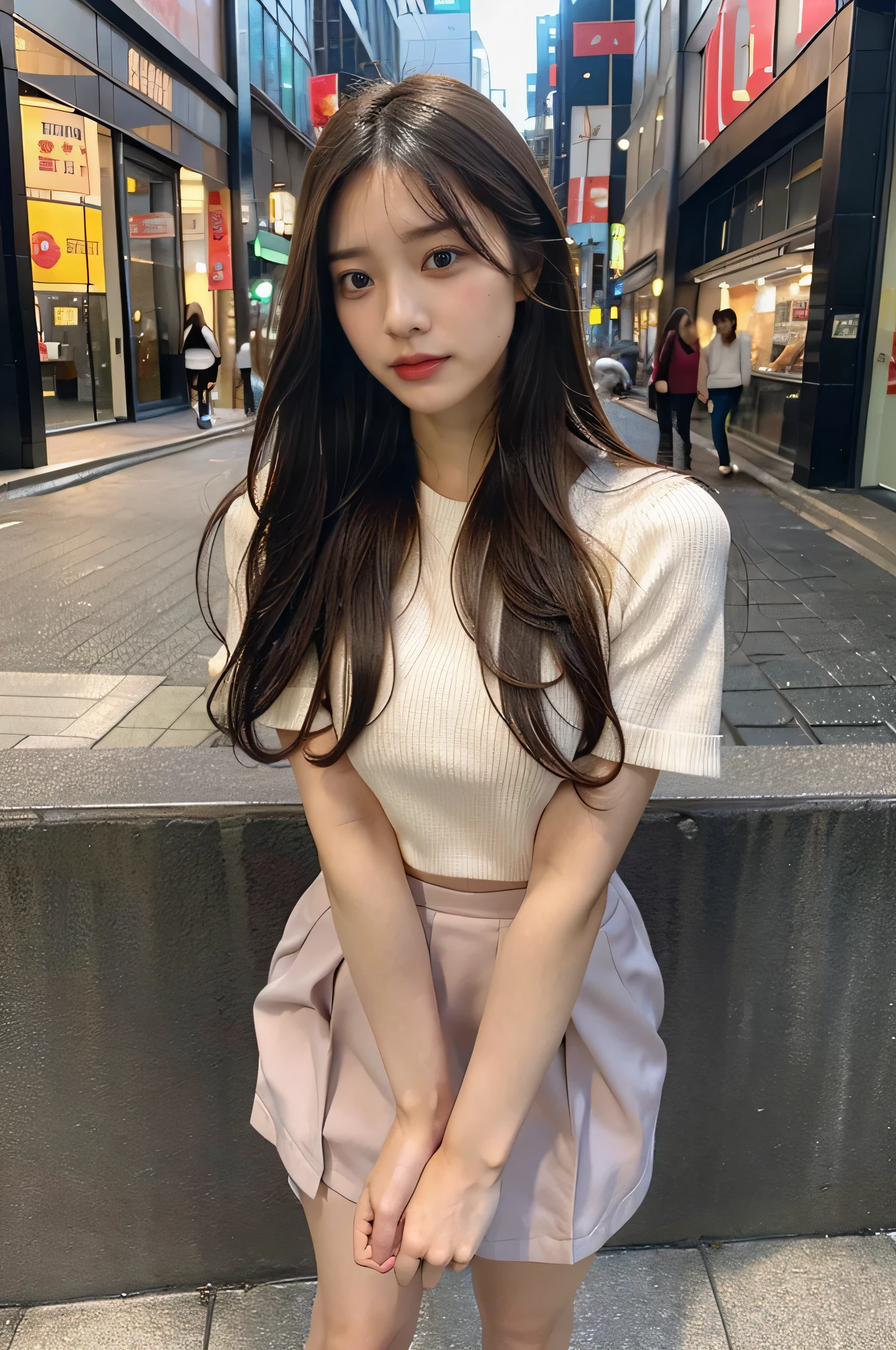 highest quality,live-action,whole bodyが映る、To the tips of the feet、model standing、fine skin,beautiful breasts, long brown hair, 8K highly detailed face, perfect face shape,absolutely perfect lips,whole body、 beautiful body line,Cumming face(1.5),perfect nose、beautiful eyes,erotic expression,masterpiece, beautiful girl,Japan female, 26 years old,look up,face of shame、cool beauty、Tight Skirt、visible from head to foot、long legs、Are standing、Take a picture of your feet、perfect fingers