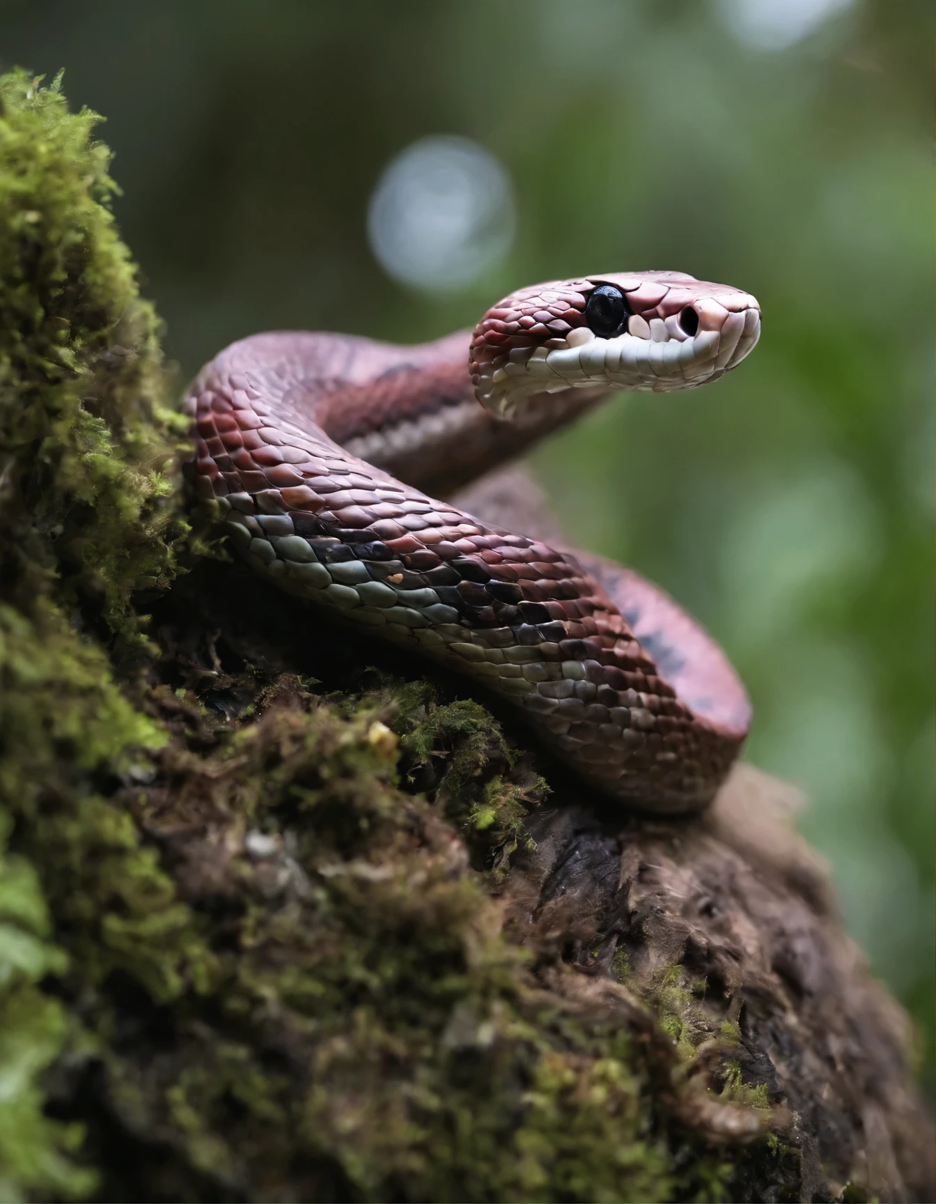 a close up of a snake on a branch with a blurry background, a macro photograph by Felipe Seade, flickr, cobra, snake hair, extremely sharply detailed, very sharp and detailed photo, forked snake tongue sticking out, incredible sharp detail, curved horned dragon!, snake head, snake scales, snake body, snake tongue, snake fangs, very sharp detail