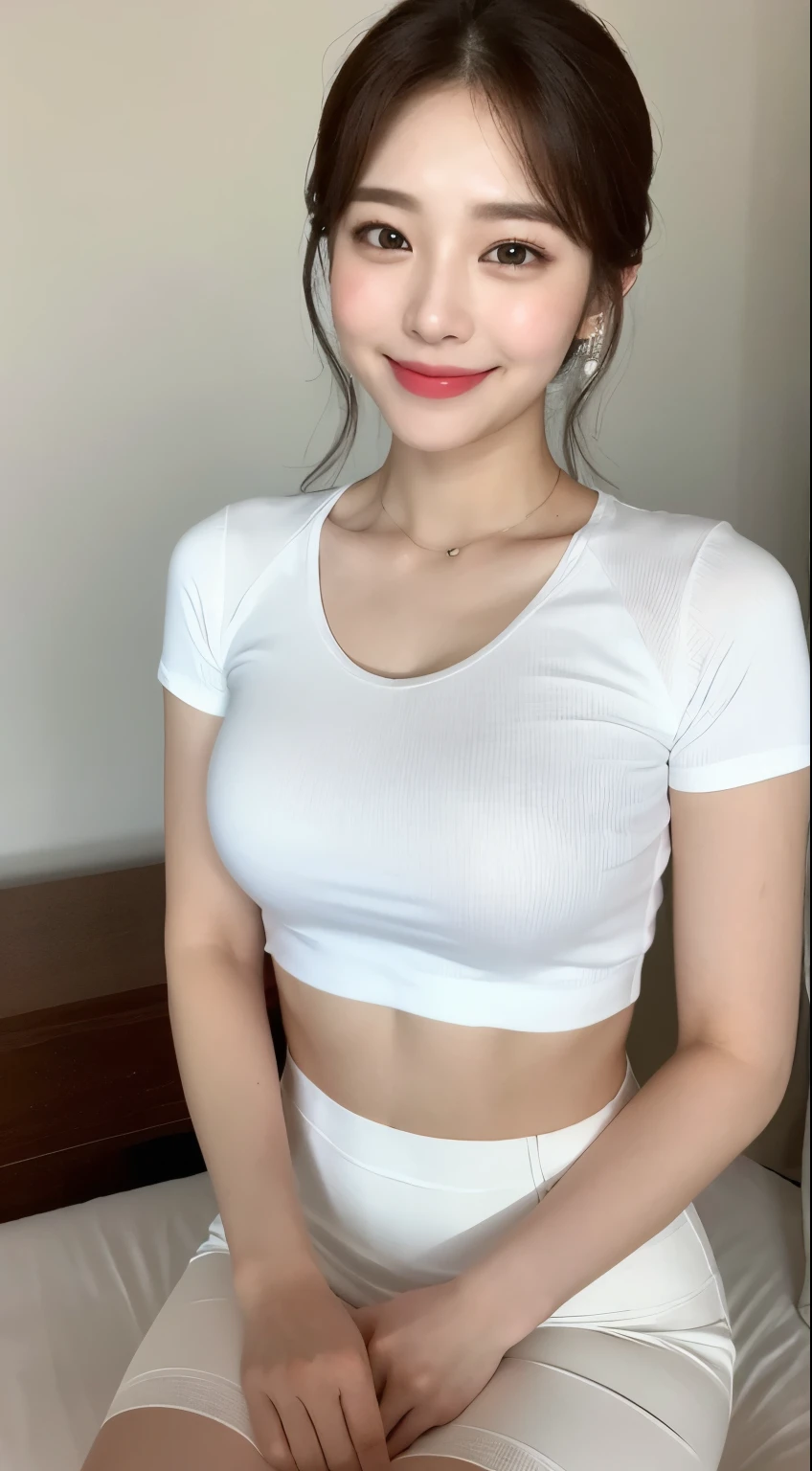 white tight shirt、white tight mini skirt、bed、smile、short sleeve、high resolution、Korean idol face