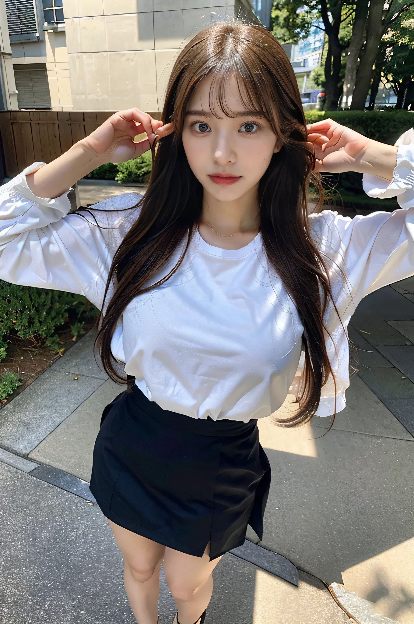 highest quality,live-action,whole bodyが映る、To the tips of the feet、model standing、fine skin,beautiful breasts, long brown hair, 8K highly detailed face, perfect face shape,absolutely perfect lips,whole body、 beautiful body line,Cumming face(1.5),perfect nose、beautiful eyes,erotic expression,masterpiece, beautiful girl,Japan female, 26 years old,look up,face of shame、cool beauty、Tight Skirt、visible from head to foot、long legs、Are standing、Take a picture of your feet、perfect fingers