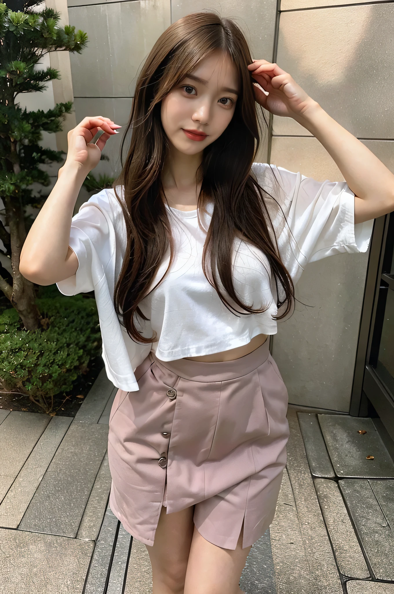 highest quality,live-action,whole bodyが映る、To the tips of the feet、model standing、fine skin,beautiful breasts, long brown hair, 8K highly detailed face, perfect face shape,absolutely perfect lips,whole body、 beautiful body line,Cumming face(1.5),perfect nose、beautiful eyes,erotic expression,masterpiece, beautiful girl,Japan female, 26 years old,look up,face of shame、cool beauty、skirt、visible from head to foot、long legs、Are standing、Take a picture of your feet、perfect fingers