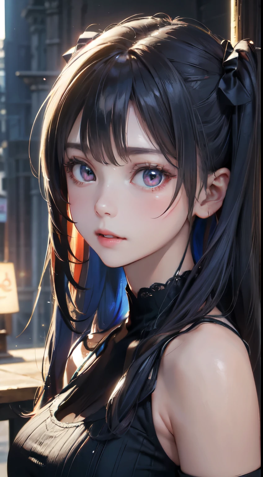 Old body portrait of a beautiful girl、Delicate、detaileds、masterpiece、Real Stick、3D background、Backgrounds with depth、Realistically exaggerate changes in material texture、Exaggeration of gloss、The best transcendental virtuosity、twin tails、blue hair color