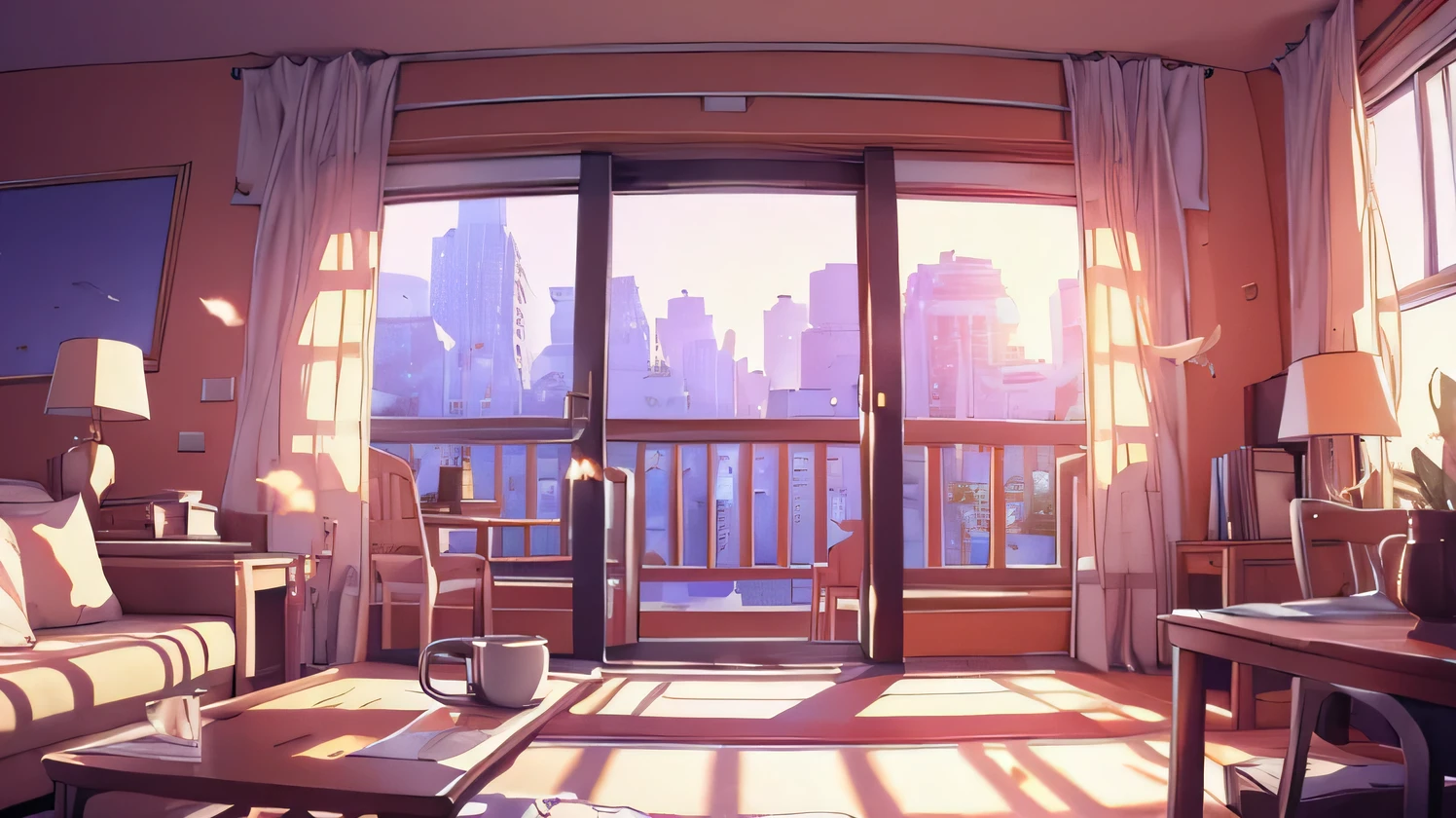 coffee on the table、Morning sun shining through the window、curtains swaying in the wind