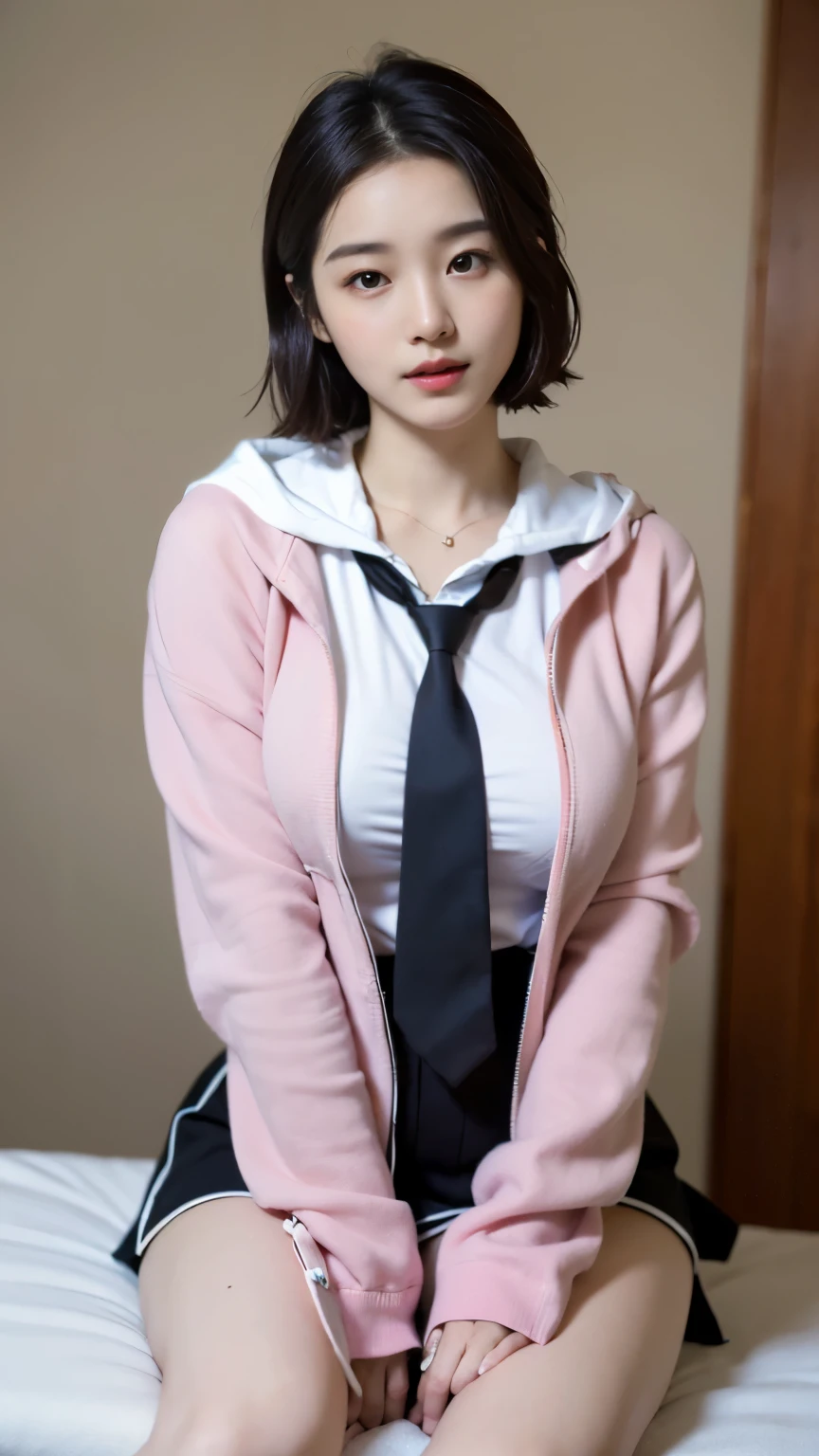 (((best quality, 8 thousand, masterpiece:1.4)), (20 year old woman), masterpiece, distinct, highres, high_quality, wide_shot, small_face, absurdly_short_hair, female, sagging_breasts, balancing, stretching, gentle_face, bare_shoulders, center_opening, downblouse, ((best quality)), ((masterpiece)), (detailed), perfect face, very big breasts, ultra high resolution room, 8k, perfect body, hud, Ergonomic, slim legs, small face, long eyelashes, Sparkling pink lips, eye for detail, clean skin, blemish-free face, korean beauty, 20 year old woman, 1 woman, Sexy pelvis, long hooded jacket, wizard jacket, long jacket, trapped in a maze, necktie, shirt, skirt, (Huge, saggy breasts),