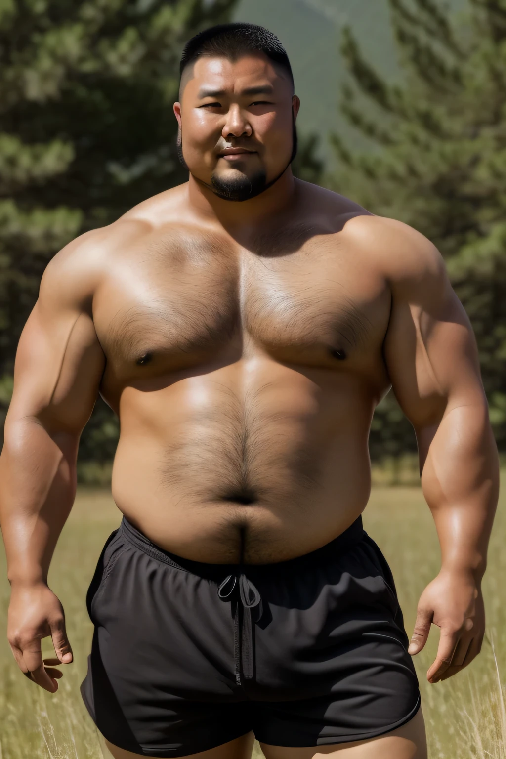 A Mongolian man wearing sports shorts standing on a mogolian grassland, mongol,short haired,Thick body hair, Strong masculine characteristics, sexy muscular body, partially male hairy torso,masculine and strong,sexy muscular upper body,Fat belly,light tan skin, robust stocky body, beefy, belly button showing, half man half asian black bear, potbelly, dad bod, half man half asian black bull, full body shot, background is mogolian landscape