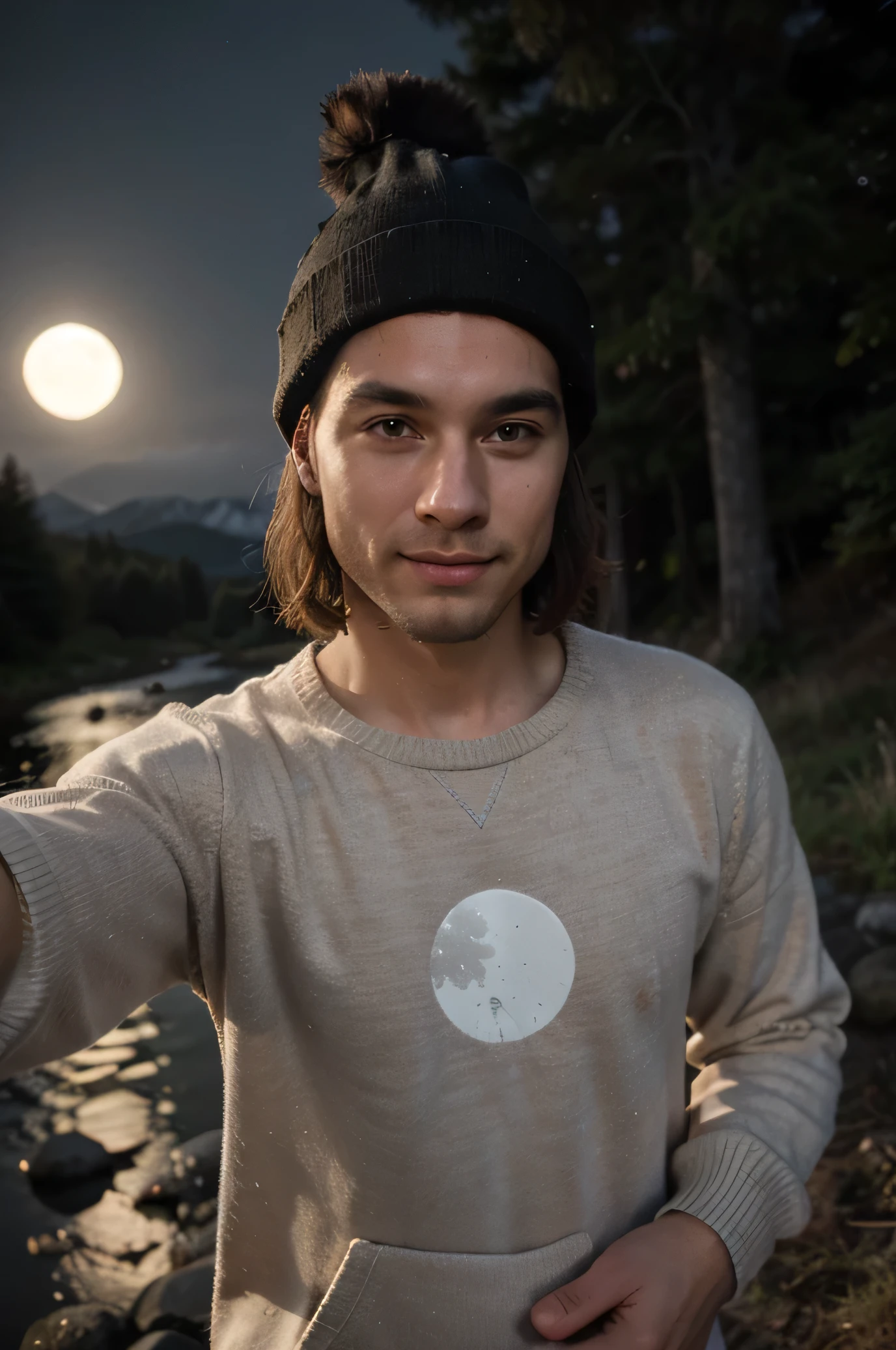 photograph, photo of man, selfie, upper body, solo, wearing pullover, outdoors, (night), mountains, real life nature, stars, moon, cheerful, happy, gloves, sweater, beanie, forest, rocks, river, wood, smoke, fog, looking at viewer, skin texture, photo grain, close up, RAW photo