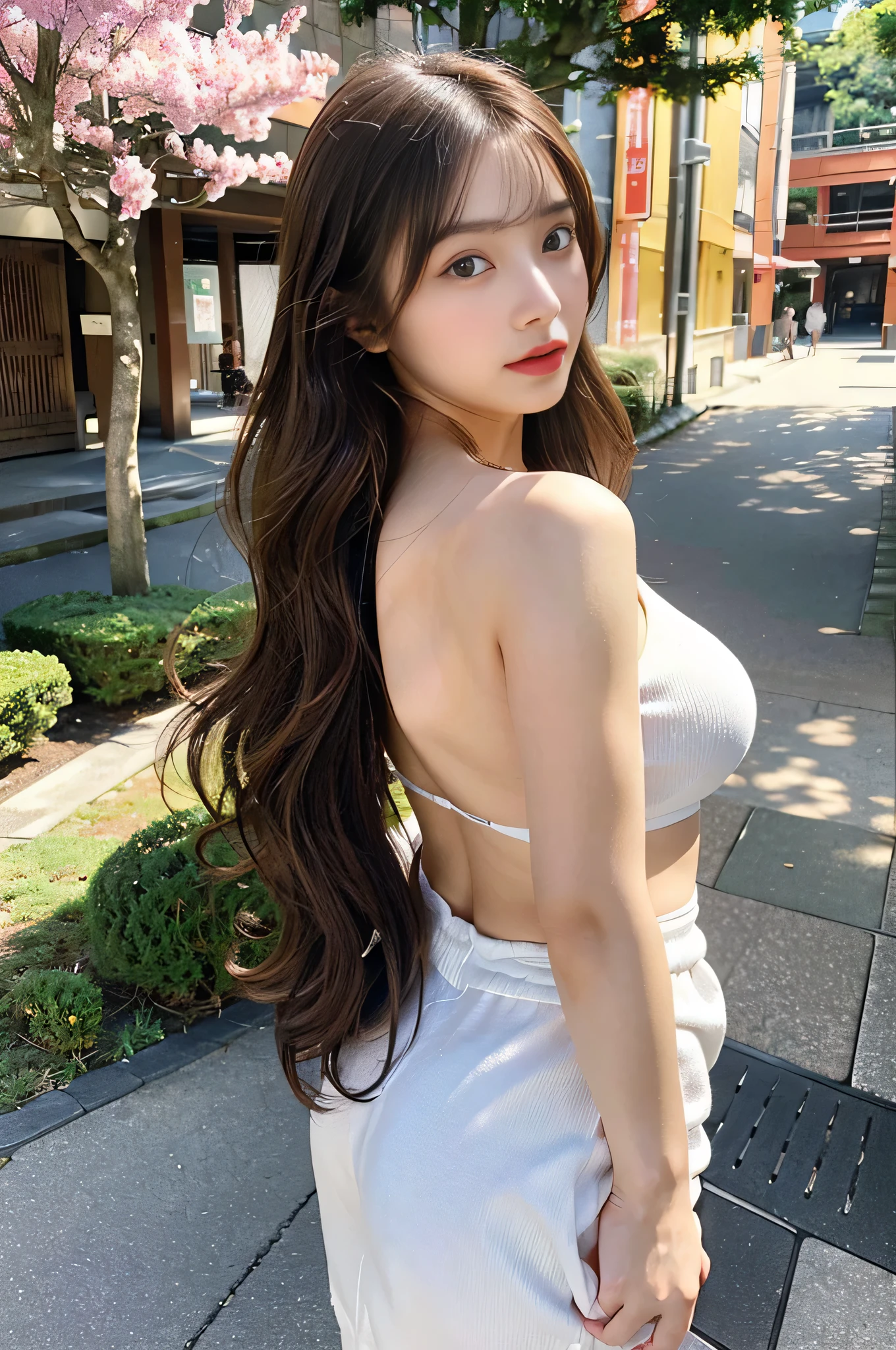 highest quality,live-action,whole bodyが映る、butt、back、fine skin,beautiful breasts, long brown hair, 8K highly detailed face, perfect face shape,absolutely perfect lips,whole body、 beautiful body line,Cumming face(1.5),perfect nose、beautiful eyes,erotic expression,masterpiece, spring clothes、beautiful girl,Japan female, 26 years old,look up,face of shame、cool beauty、visible from head to foot、long legs、Are standing、Take a picture of your feet、perfect fingers、sunny weather、outside