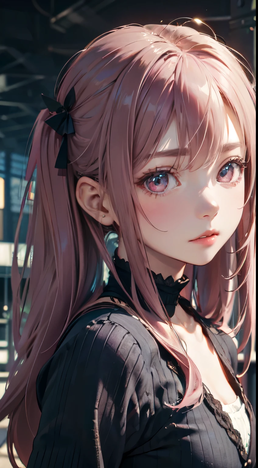 Old body portrait of a beautiful girl、Delicate、detaileds、masterpiece、Real Stick、3D background、Backgrounds with depth、Realistically exaggerate changes in material texture、Exaggeration of gloss、The best transcendental virtuosity、twin tails、pink hair color
