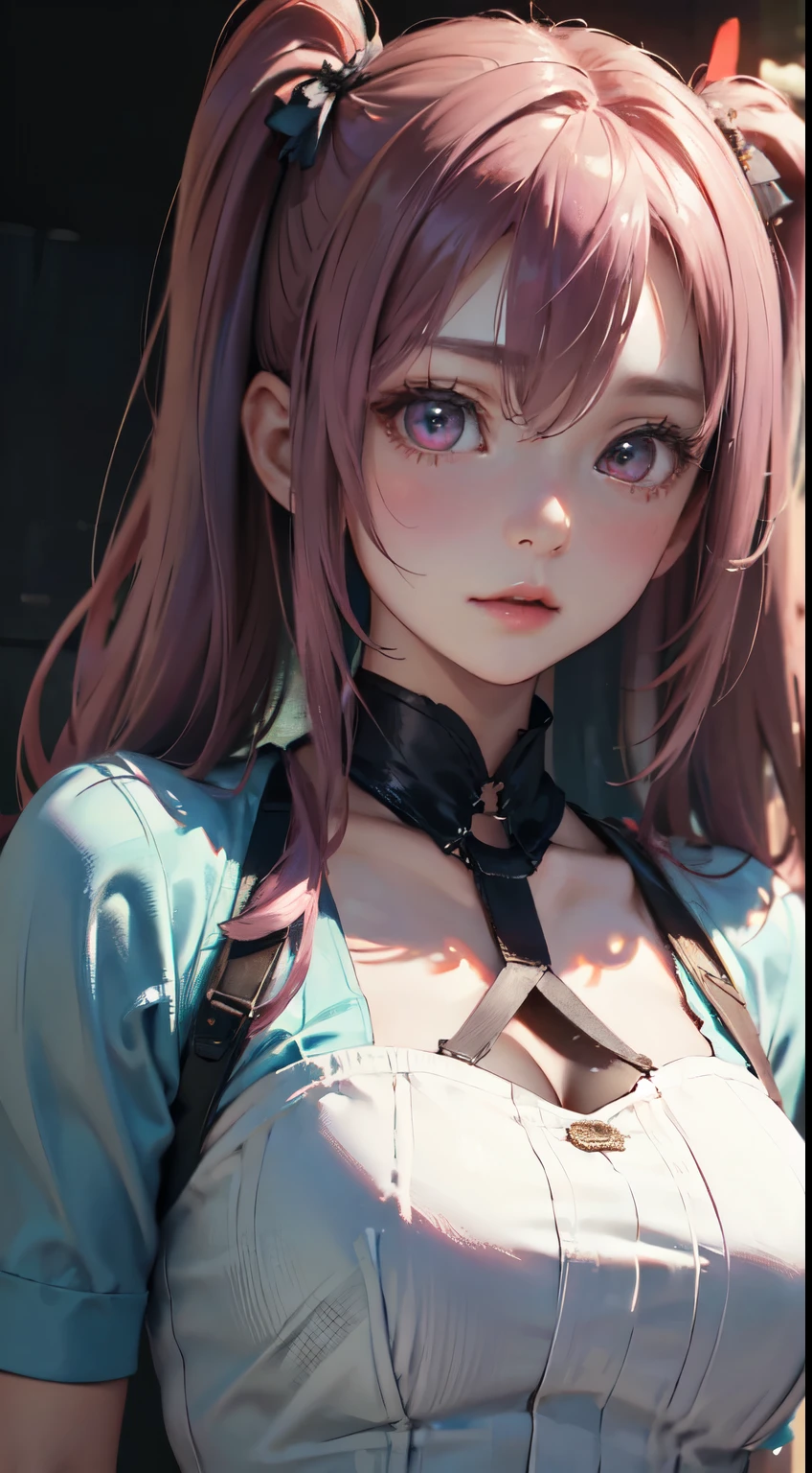 Old body portrait of a beautiful girl、Delicate、detaileds、masterpiece、Real Stick、3D background、Backgrounds with depth、Realistically exaggerate changes in material texture、Exaggeration of gloss、The best transcendental virtuosity、twin tails、pink hair color