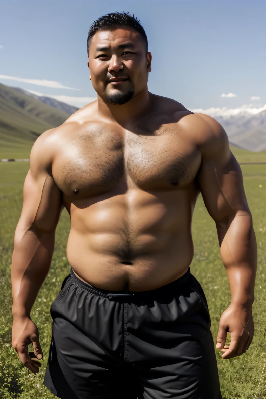 A Mongolian man wearing sports shorts standing on a mogolian grassland, mongol,short haired,Thick body hair, Strong masculine characteristics, sexy muscular body, partially male hairy torso,masculine and strong,sexy muscular upper body,Fat belly,light tan skin, robust stocky body, beefy, belly button showing, half man half asian black bear, potbelly, dad bod, half man half asian black bull, full body shot, background is mogolian landscape