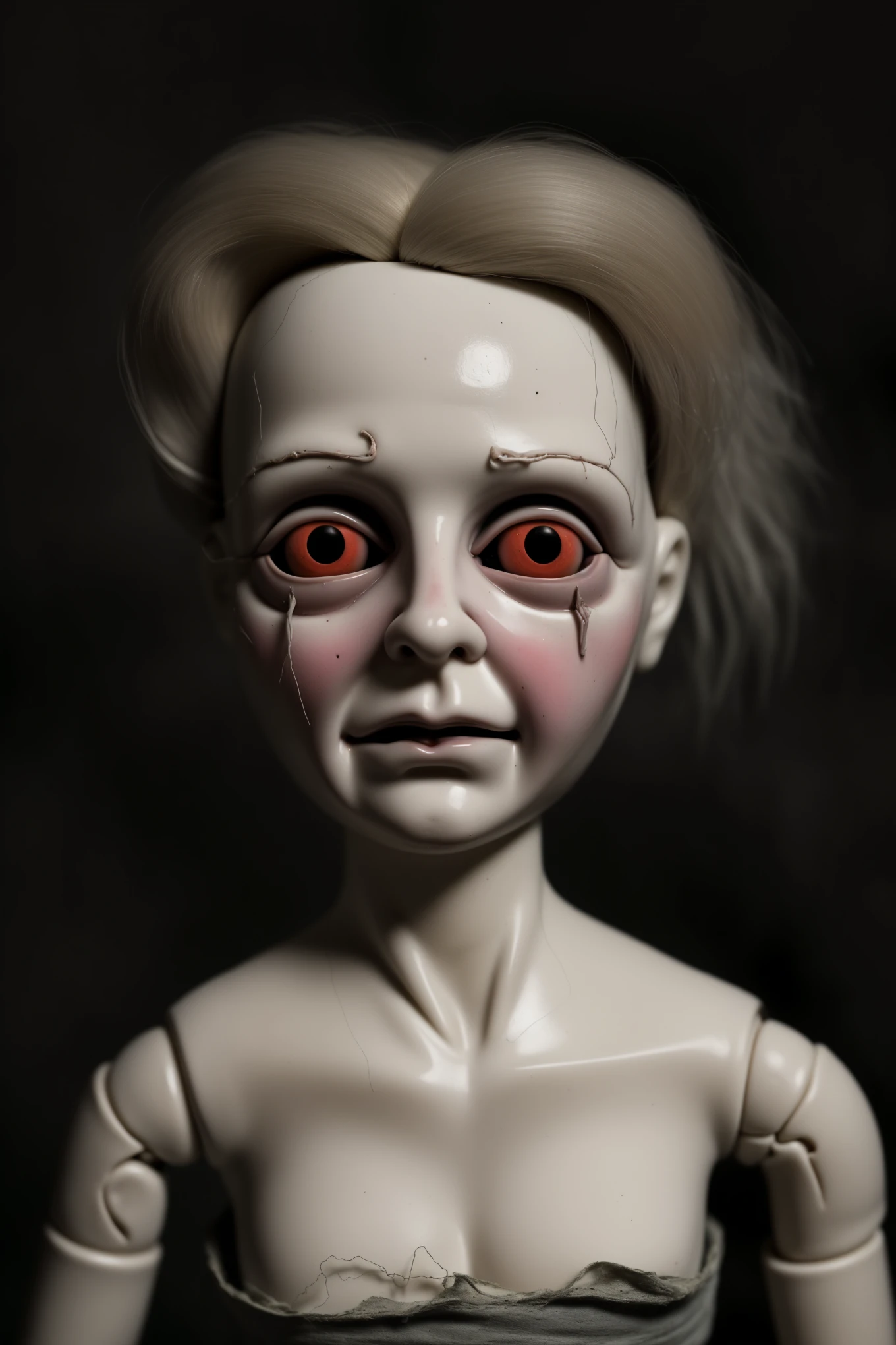 A haunting conceptual illustration in a sketch drawing style with low color saturation. The central figure is a broken porcelain doll, its delicate features marred by cracks and chips. Its porcelain visage is concealed behind a creepy mask, contorted into a twisted smile that sends chills down the viewer's spine. Hollow eyes, devoid of life, emit an aura of despair and suffering, capturing the essence of a tortured existence. The surroundings that envelop the doll are filled with an overwhelming sense of dread and pain, as if the doll has been thrust into a nightmarish landscape of torment. The overall atmosphere evokes a bleak and unsettling ambiance, leaving the viewer with a profound sense of unease and the lingering feeling that they have peered into the depths of