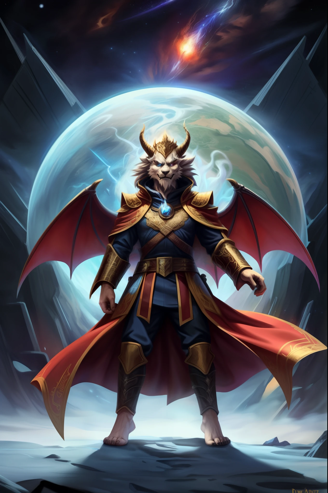 (((Barefoot furry character, full body, cinematic setting, male))) Sanctus Dominus Infernus ad astra Across the galaxy a new force of evil is rising Wizards of chaos fighting the throne of brave king of Dundee Entwined by mystic spells, they know where the sorcerer hidden Imprisoned in ice on the planet of Knights The powerful heroes of Crail Aeons of warfare returning No longer peace will survive The intergalactic great Empire of Fife will die For the king we will ride Through the dark galactic skies To defeat the foes When the chaos wizards rise Now the universe will burn Evil sorcerer returns Tragic fate rages tonight Chaos wizards rise! Sanctus Dominus Infernus ad astra BREAK, detailed background (modern lab), 8K, (masterpiece:1.5), intricate details, highly detailed, extreme detail, octane render, fine art, best quality, highres, (detailed face:1.5), ((full_body)), UHD, (((perfect hands)))