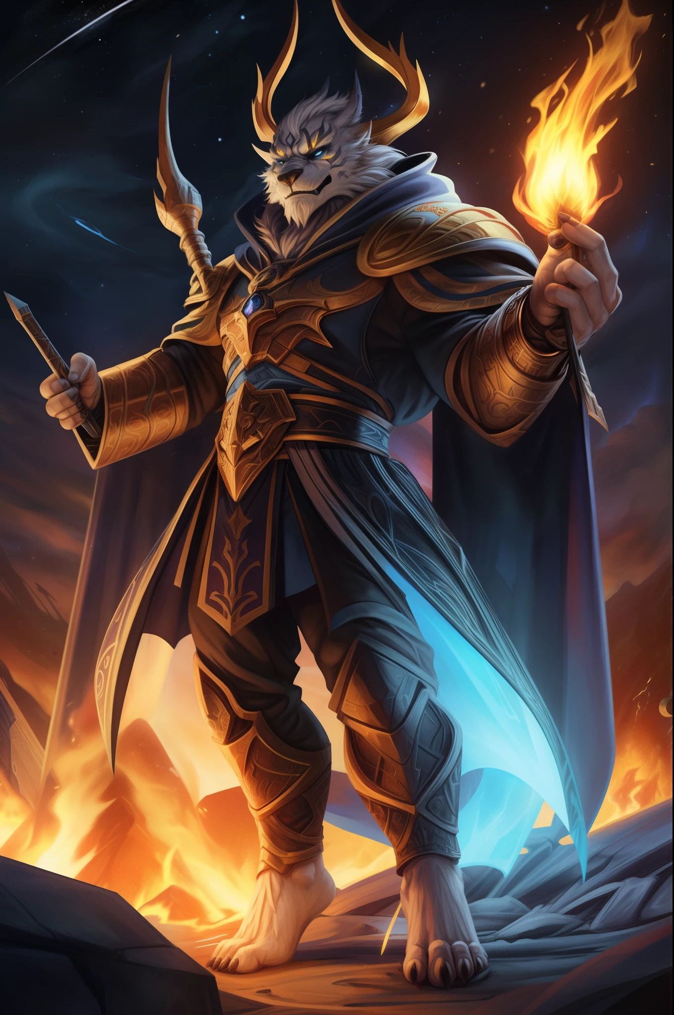 (((Barefoot furry character, full body, cinematic setting, male))) Sanctus Dominus Infernus ad astra Across the galaxy a new force of evil is rising Wizards of chaos fighting the throne of brave king of Dundee Entwined by mystic spells, they know where the sorcerer hidden Imprisoned in ice on the planet of Knights The powerful heroes of Crail Aeons of warfare returning No longer peace will survive The intergalactic great Empire of Fife will die For the king we will ride Through the dark galactic skies To defeat the foes When the chaos wizards rise Now the universe will burn Evil sorcerer returns Tragic fate rages tonight Chaos wizards rise! Sanctus Dominus Infernus ad astra BREAK, detailed background (modern lab), 8K, (masterpiece:1.5), intricate details, highly detailed, extreme detail, octane render, fine art, best quality, highres, (detailed face:1.5), ((full_body)), UHD, (((perfect hands)))