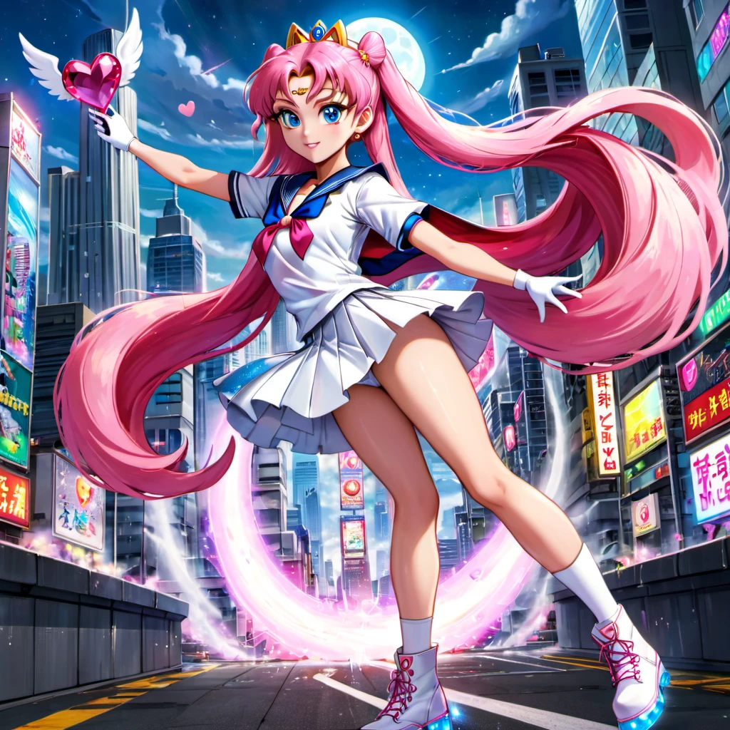 Sailor Moon,sexy giant robot,long pink hair,bright blue eyes,sparkling tiara,heart-shaped brooch,white sailor suit,short pleated skirt,pink boots,high spiral kicks,piloting,a cityscape background,Sailor Moon's Moon Stick,shiny silver crystal,love and justice,saving the world,flashing lights,explosions of color,epic battles,huge mechanical monster,Godzilla,destructive rampage,stopping Godzilla,powerful beams of love,beautifully animated fight scene,mesmerizing transformation sequence,Goddzilla's eyes glazed over,humbled and remorseful,lessons of peace and forgiveness