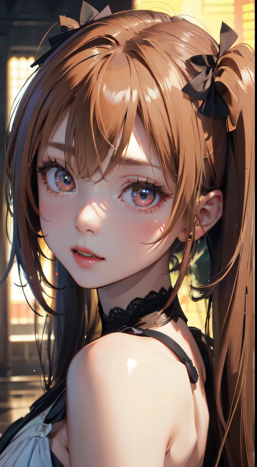 Old body portrait of a beautiful girl、Delicate、detaileds、masterpiece、Real Stick、3D background、Backgrounds with depth、Realistically exaggerate changes in material texture、Exaggeration of gloss、The best transcendental virtuosity、twin tails、orange hair color