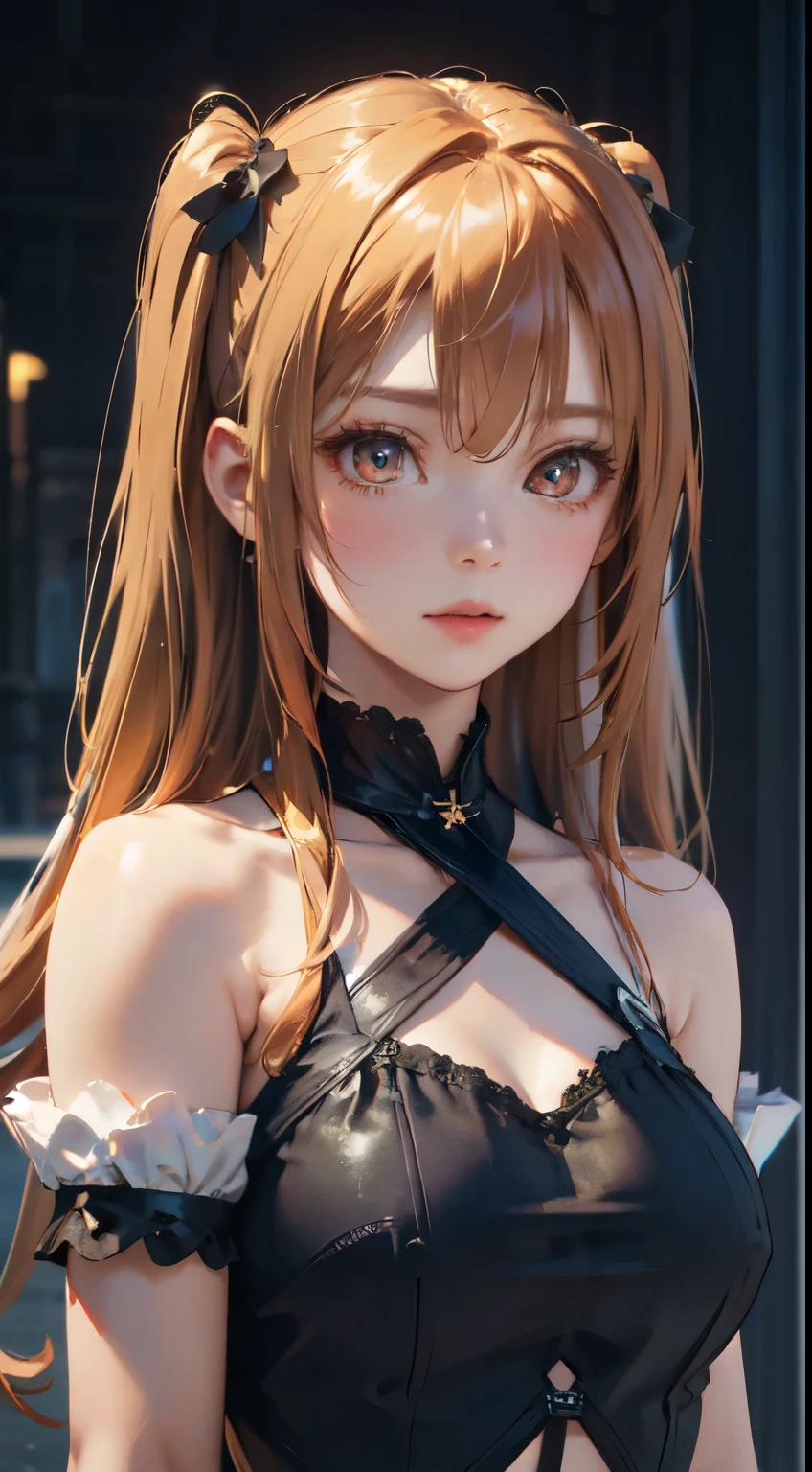 Old body portrait of a beautiful girl、Delicate、detaileds、masterpiece、Real Stick、3D background、Backgrounds with depth、Realistically exaggerate changes in material texture、Exaggeration of gloss、The best transcendental virtuosity、twin tails、orange hair color
