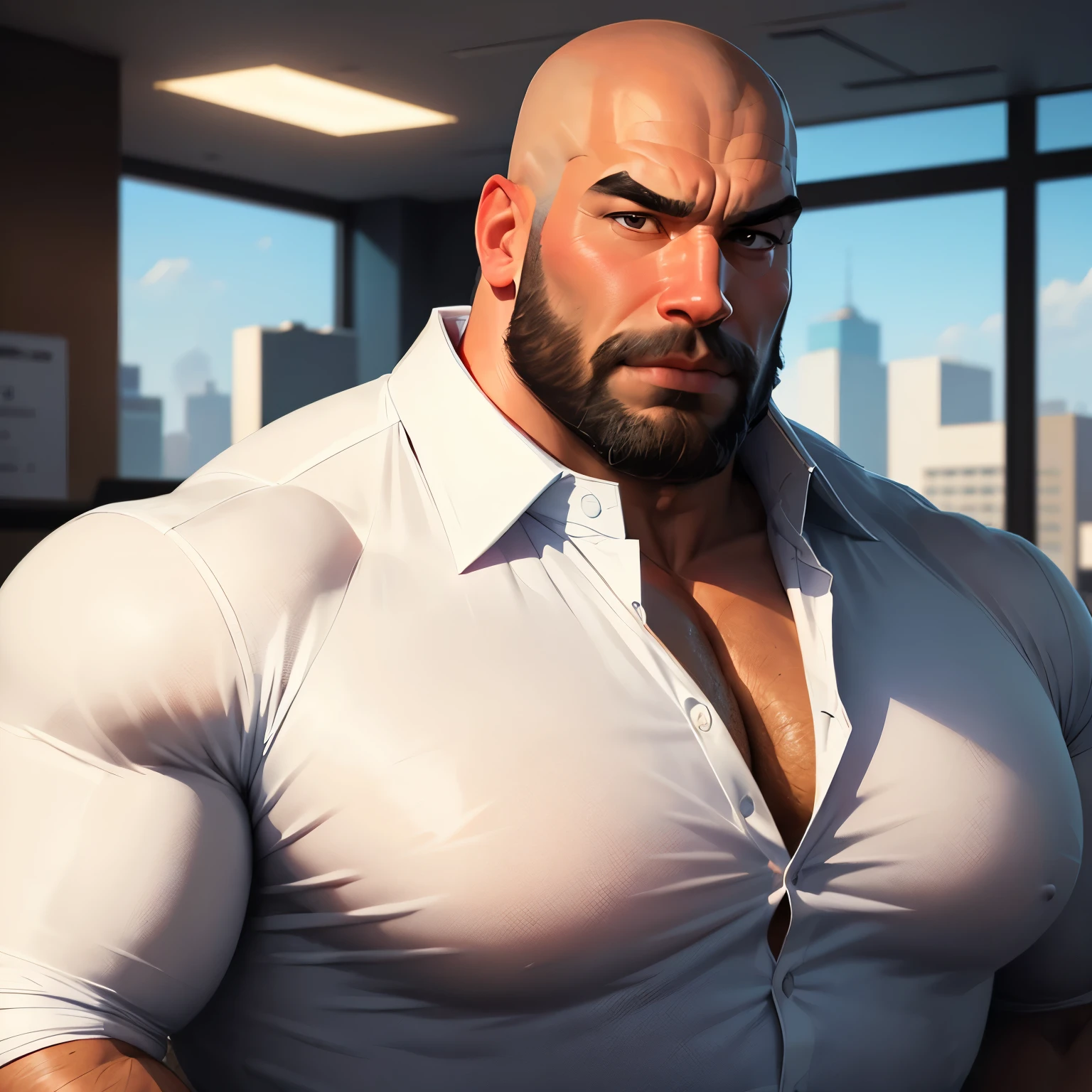 an exaggeratedly muscular and large bald bodyguard, beefy build, beard, mixed race, (wearing white business casual collared shirt: 1.2), name tag, (bara pecs: 1.3), (arm and chest hair: 1.1), close-up portrait HD, bright corporate office with large windows