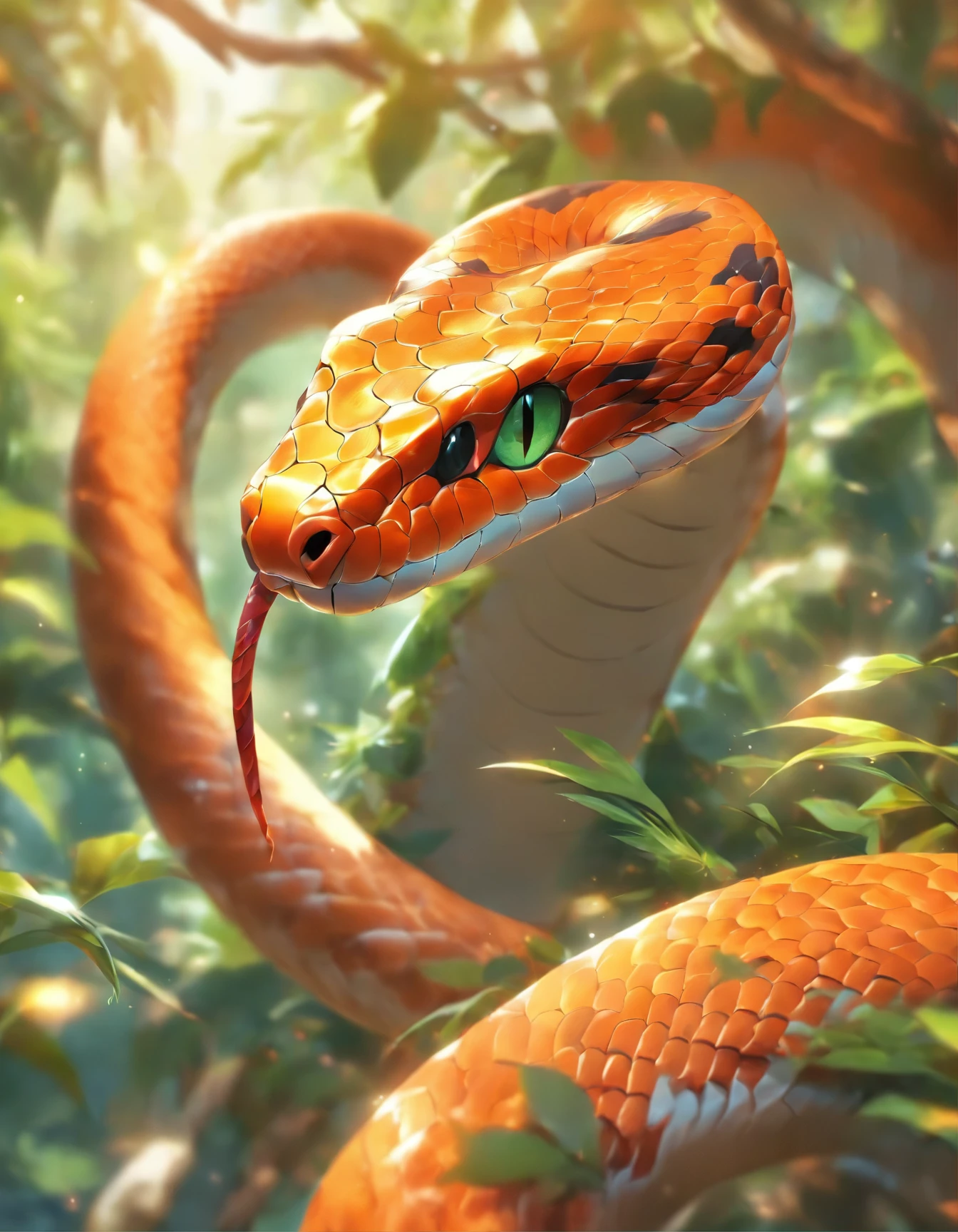 a close up of a snake on a branch with a blurry background, a macro photograph by Felipe Seade, flickr, cobra, snake hair, extremely sharply detailed, very sharp and detailed photo, forked snake tongue sticking out, incredible sharp detail, curved horned dragon!, snake head, snake scales, snake body, snake tongue, snake fangs, very sharp detail