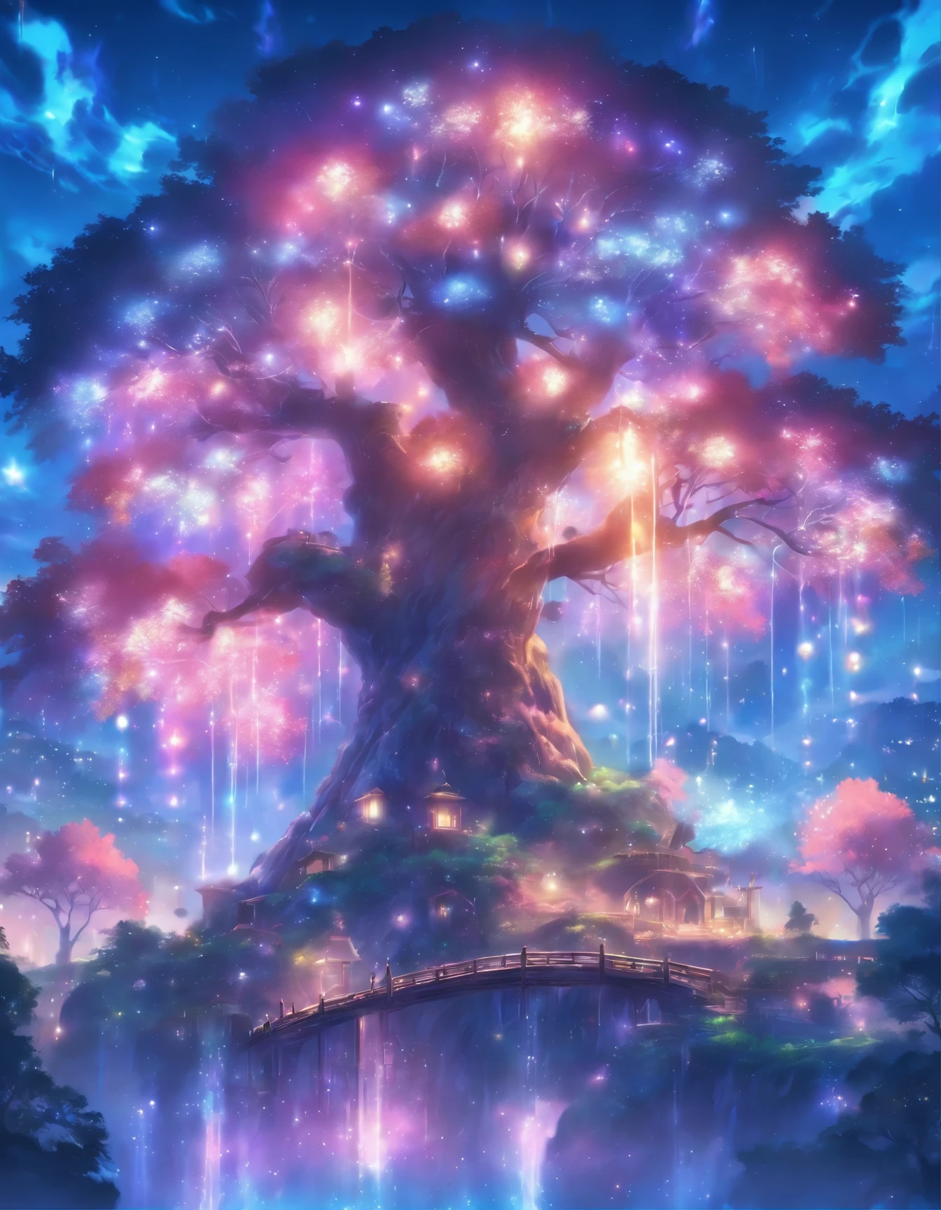 a painting of a tree with flowers and butterflies in the sky, 🌺 cgsociety, magical flowers, glowing flowers, night sky full of flowers, very beautiful digital art, beautiful digital artwork, dawn cgsociety, trending on cgsociety art, beautiful digital art, beautiful depiction, beautiful gorgeous digital art, gorgeous digital art, by Yang J, cgsociety saturated colors