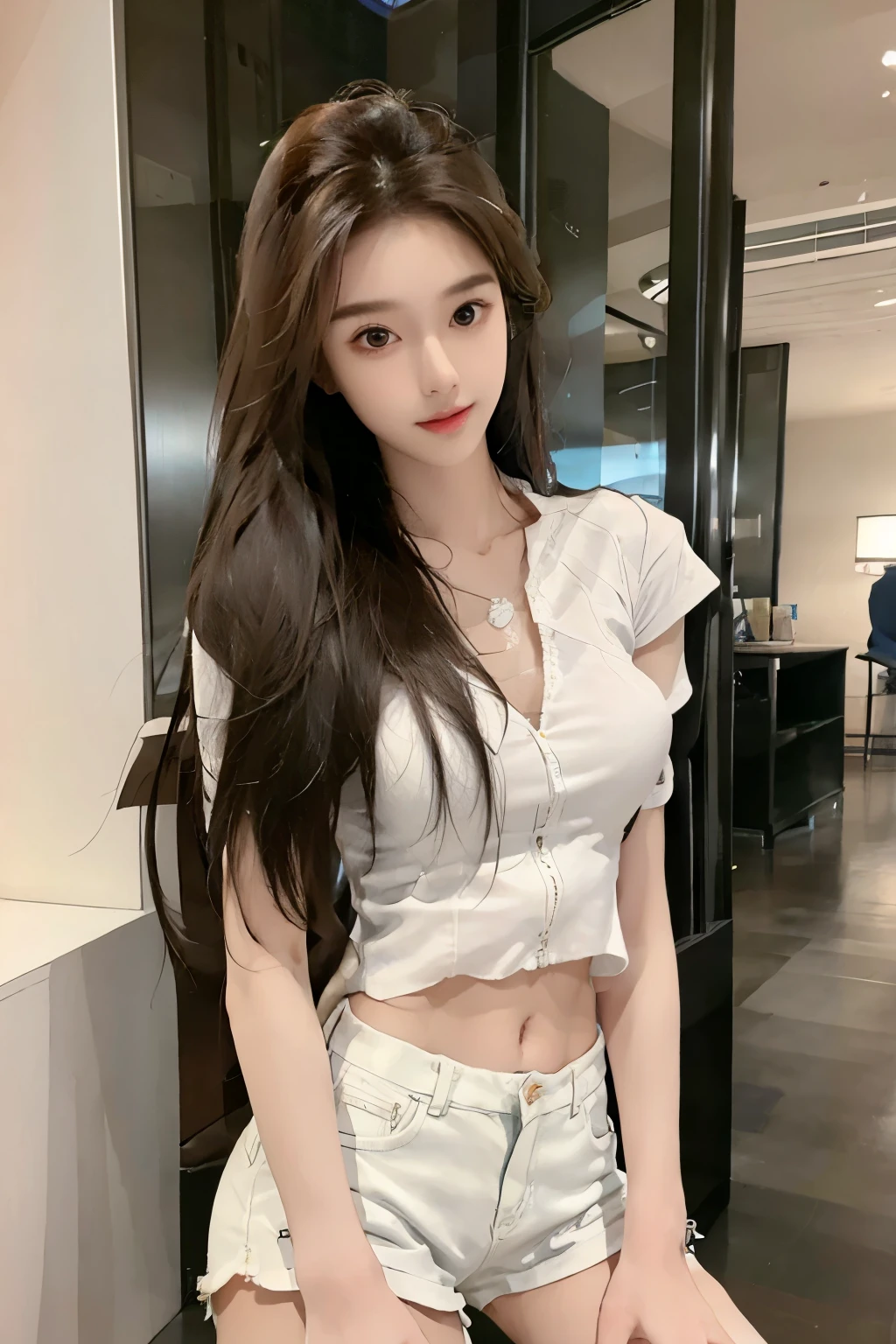 realistic, high resolution, 1 girl, long hair, korean,, loose white shirt, skinny denim shorts,, thighs, panties visible,