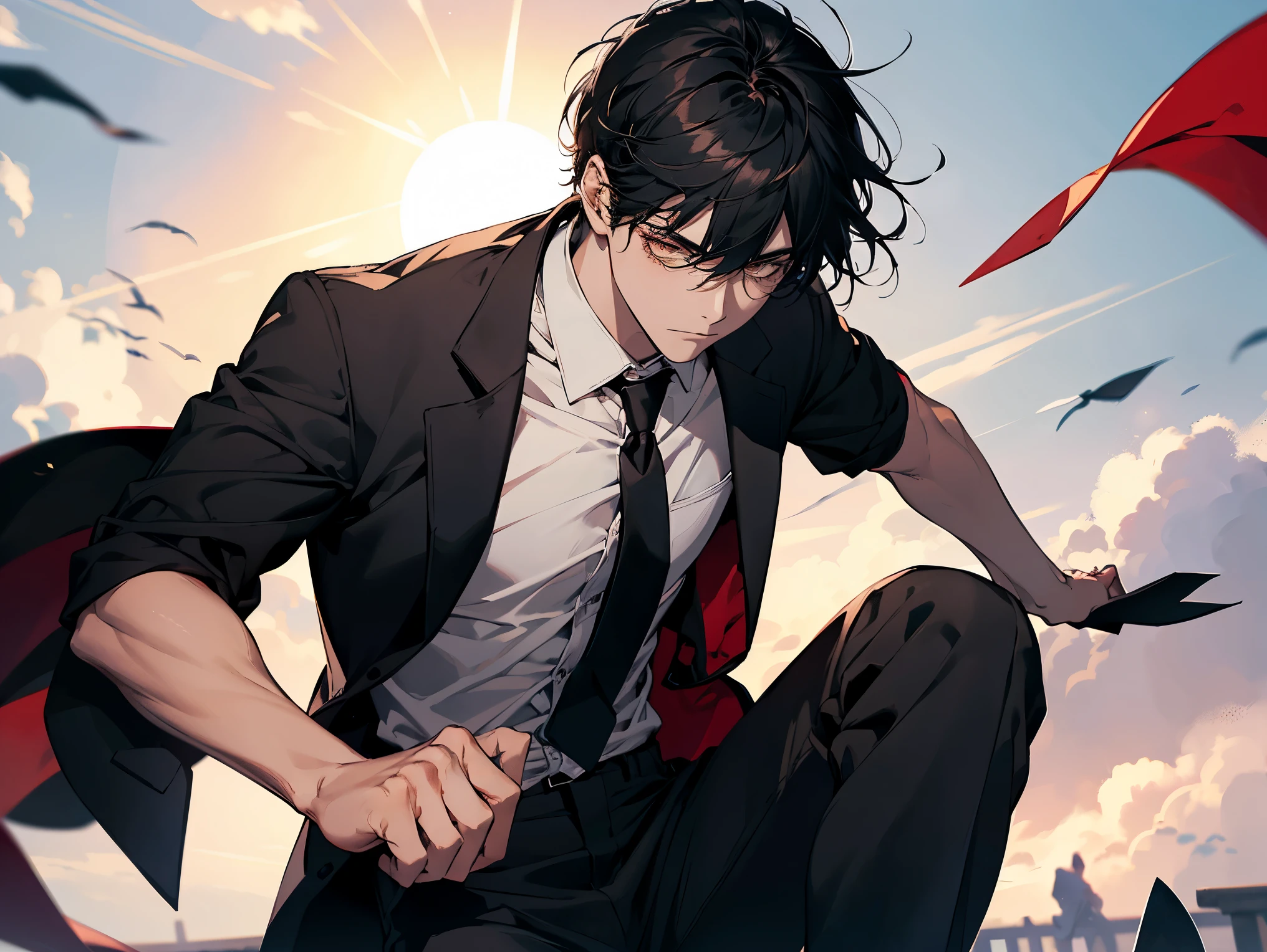 1 man, teacher, wearing white shirt, rolled up sleeves, black long pants, black hair, short hair, face to detail, detailed eyes, white eyes, with no expression, red tie, the background is the sun in china, Flying pages, In a fighting position.