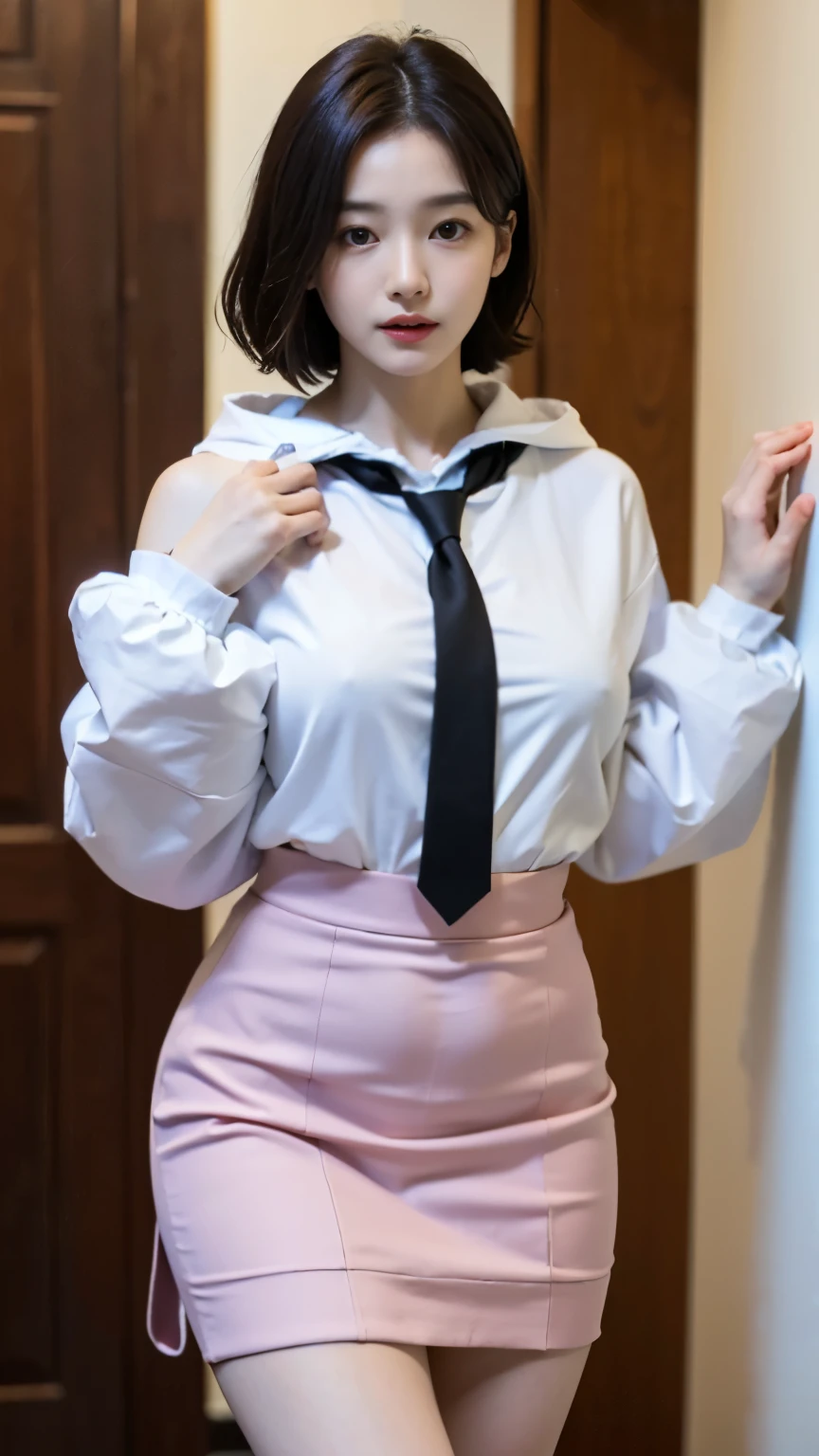 Pretty girl standing, thin legs, high heels on the ground, on the road, (masterpiece:1.3), (8k, photorealistic, RAW photo, best quality: 1.4), (1girl), beautiful face, (realistic face), (black hair, short hair:1.3), beautiful hairstyle, realistic eyes, Nice detail eyes, realistic skin, beautiful skin, super high resolution, super realistic, very detailed, golden ratio, cute, cute schoolgirl, pink suit, surreal high school girl, pink tight skirt, pantyhose, white suspender stockings, full body view, thin arms, long hair, big breasts