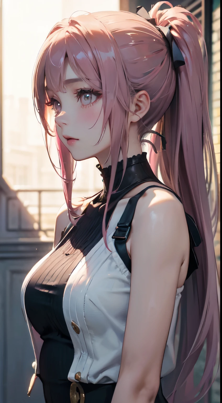 Old body portrait of a beautiful girl、Delicate、detaileds、masterpiece、Real Stick、3D background、Backgrounds with depth、Realistically exaggerate changes in material texture、Exaggeration of gloss、The best transcendental virtuosity、ponytail、pink hair color