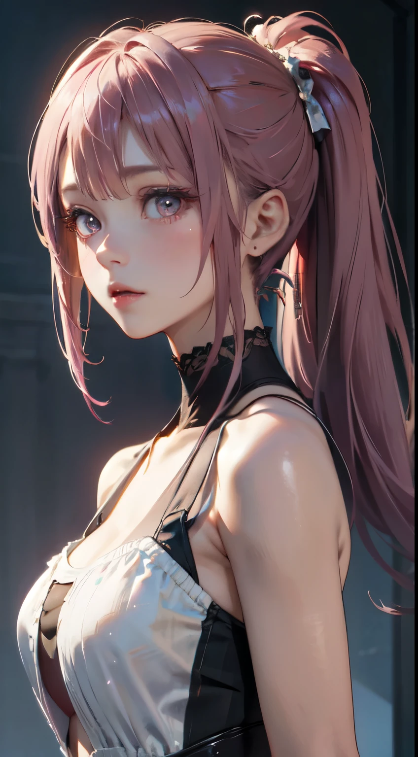 Old body portrait of a beautiful girl、Delicate、detaileds、masterpiece、Real Stick、3D background、Backgrounds with depth、Realistically exaggerate changes in material texture、Exaggeration of gloss、The best transcendental virtuosity、ponytail、pink hair color