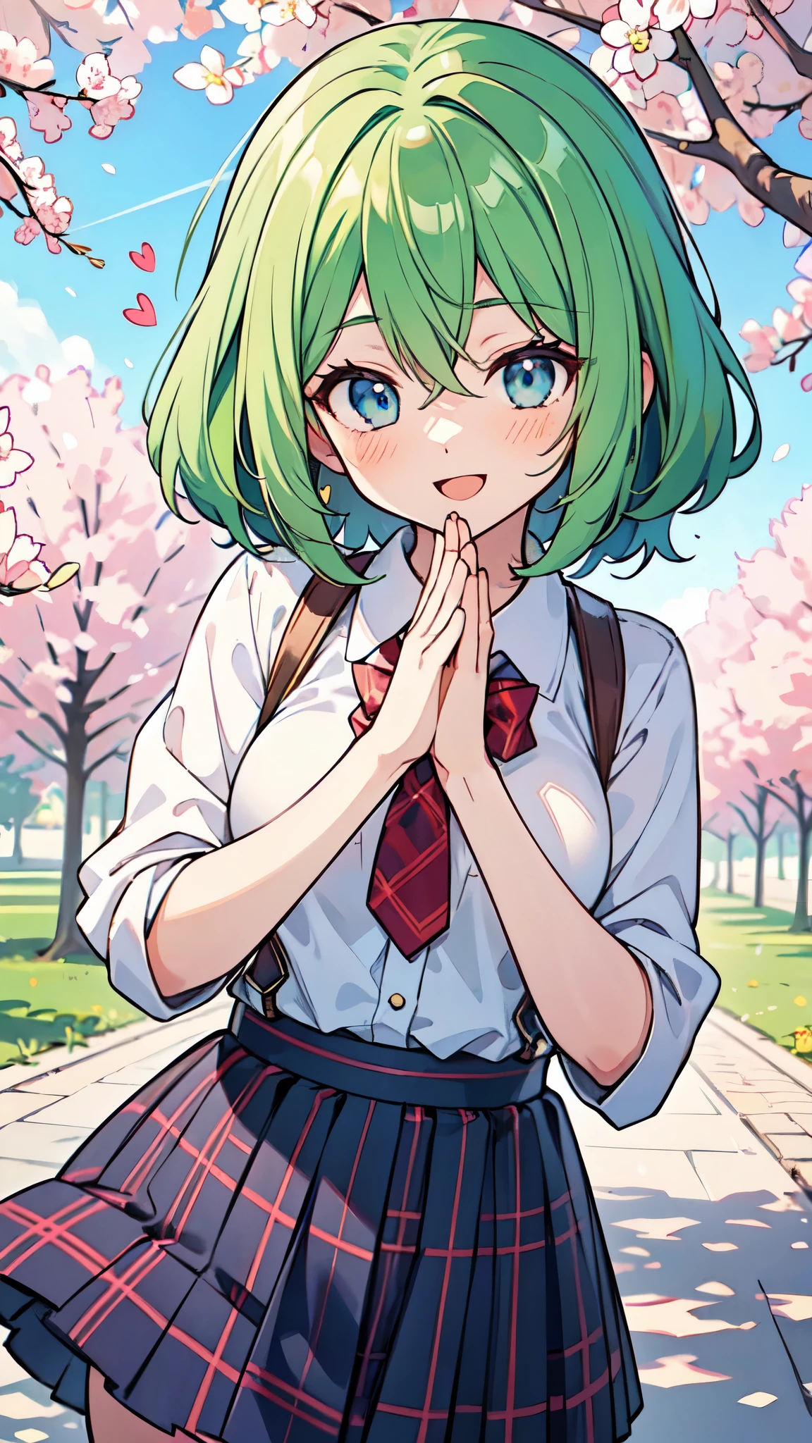 ((A Pretty High School girl with green hair and blue eyes)), ((wearing white collar shirt and plaid skirt)), Baby face, ((master piece, top-quality, ultra-definition, high resolution)), anime girl, ((ultra-detailed illust:1.2)), only one person, bangs, hair between eye, beautiful hair, Beautiful eyes, Medium breasts, Big smile, opened mouth, cherry trees, schoolyard, ((heart sign with hands))