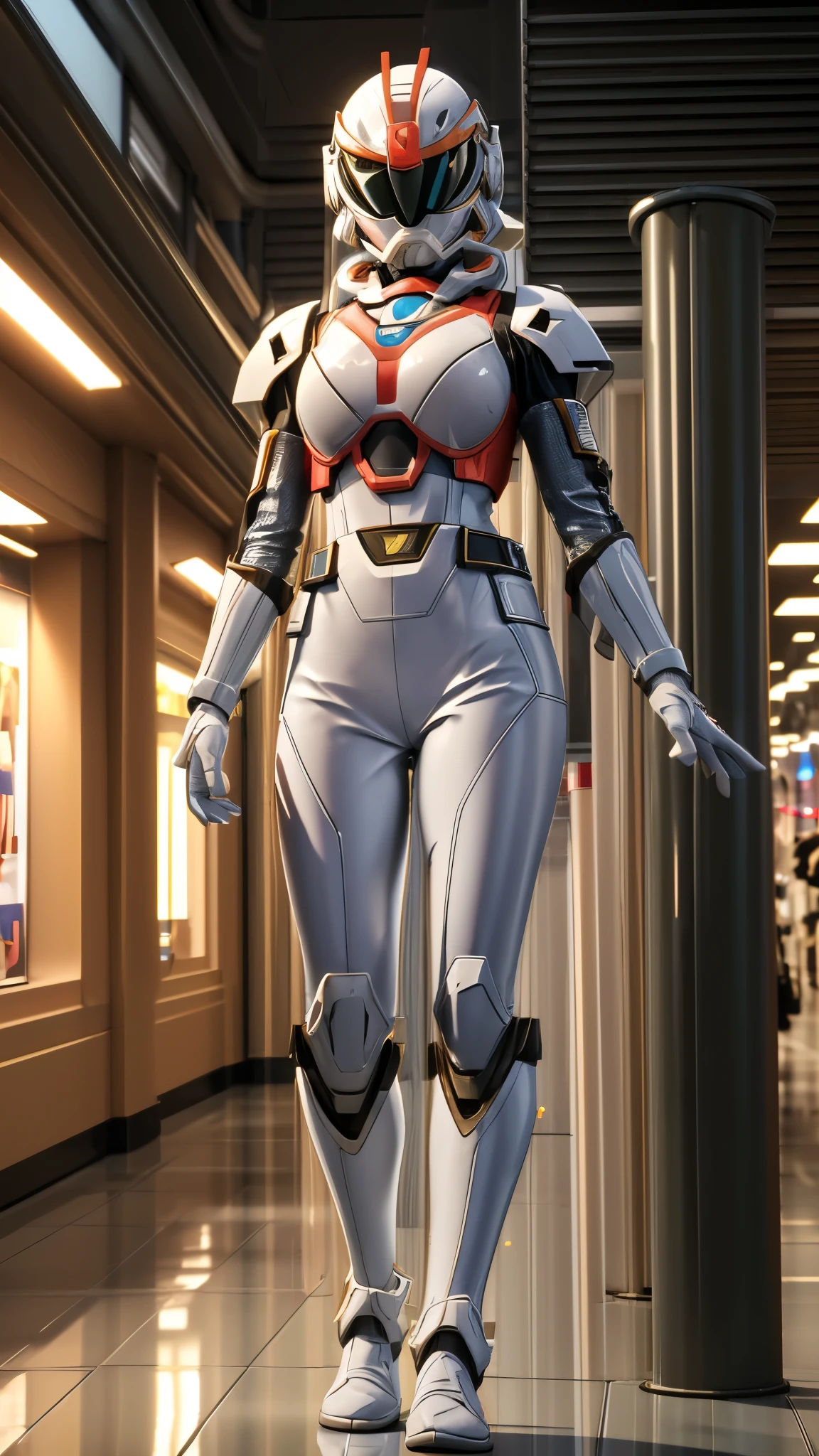 (best quality,4k,8k,highres,masterpiece:1.2),ultra-detailed, Armored Female Trooper shopping in a mall, strutting her stuff, Smiling and laughing, Flirting with the viewer, HDR, 8k, absurdres, cinestill 800, sharp focus, add_detail:3 (solo woman) Sentai,