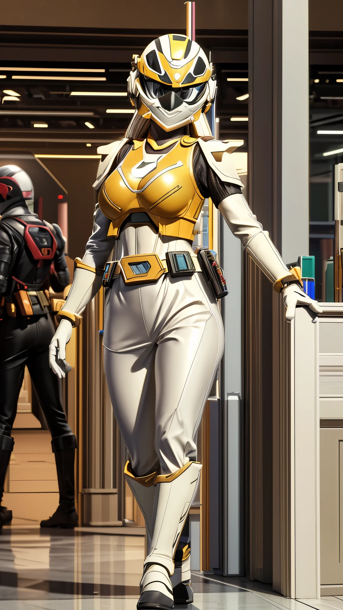 (best quality,4k,8k,highres,masterpiece:1.2),ultra-detailed, Armored Female Trooper shopping in a mall, strutting her stuff, Smiling and laughing, Flirting with the viewer, HDR, 8k, absurdres, cinestill 800, sharp focus, add_detail:3 (solo woman) Sentai,