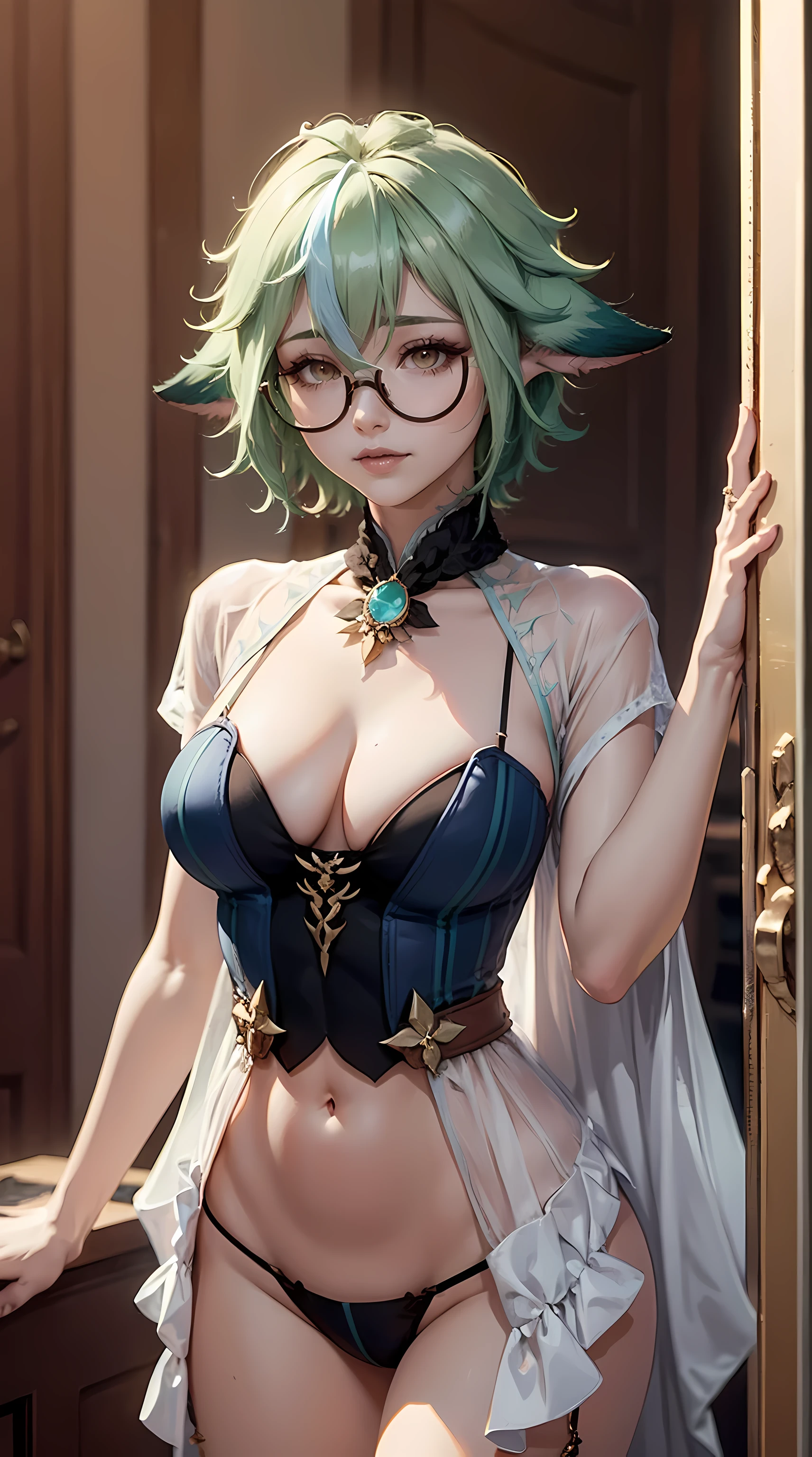 Beautiful short green hair woman is shown to have a slender figure. She is wearing a  beautiful NSFW dress, jewelry, she has yellowish ornage eyes, wearing glasses, Girl standing in a gala ballroom, sexy session, putting her hands on her waist, downed fox ears, poseing, exposed cleavage, cowboy shot, superior quality, many details, realistic