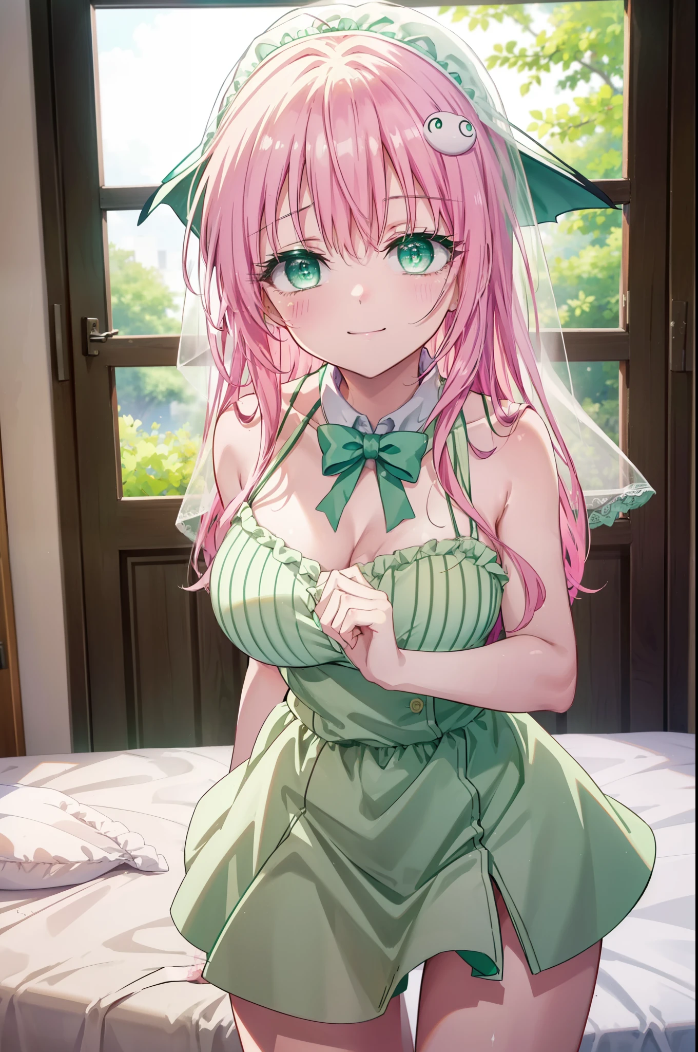 Lara Deviluke, Lara Deviluke, long hair, pink hair, tail, Ahoge, bangs, hair ornaments, (green eyes:1.5), smile,break demon tail, veil,yellow bra,yellow string underwear,One bouquet with a happy smile, smile, open your mouth, Are standing,
From above,Crouching on the bed held in hand,
break indoors, Bedroom,
break looking at viewer, (cowboy shot:1.5),
break (masterpiece:1.2), highest quality, High resolution, unity 8k wallpaper, (figure:0.8), (beautiful detailed eyes:1.6), extremely detailed face, perfect lighting, extremely detailed CG, (perfect hands, perfect anatomy),