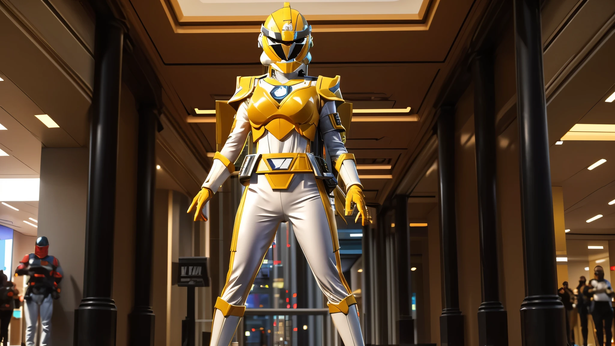 (best quality,4k,8k,highres,masterpiece:1.2),ultra-detailed, Armored Female Trooper shopping in a mall, strutting her stuff, Smiling and laughing, Flirting with the viewer, HDR, 8k, absurdres, cinestill 800, sharp focus, add_detail:3 (solo woman) Sentai,