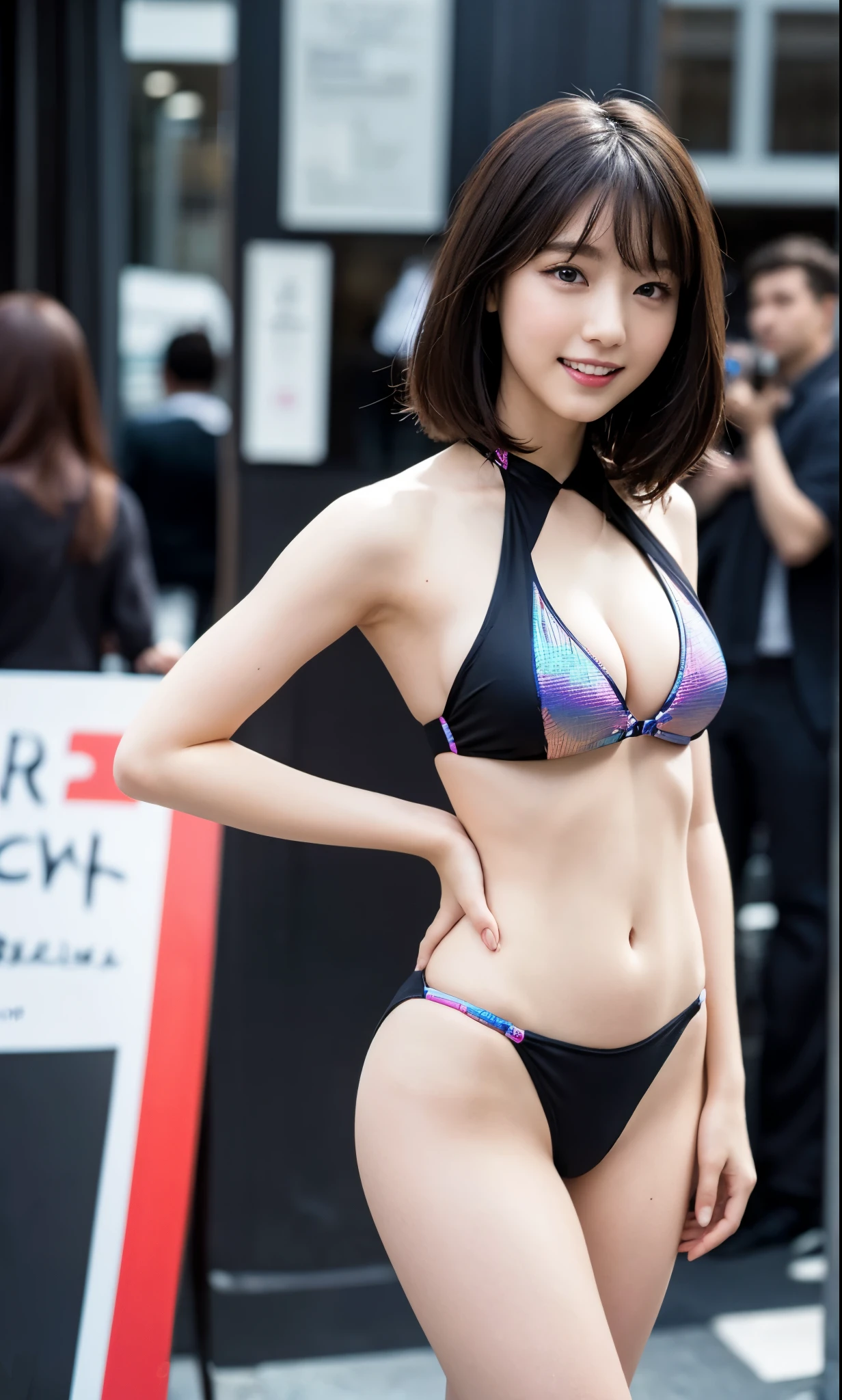 A bikini girl walking on street, Detailed iridescent bodysuit with beautiful fractal or marble design:1.5, cleavage, beautiful face, beautiful lips, high quality, insane details, professional lighting, cool pose, cinematic, 8k wallpaper, smiling