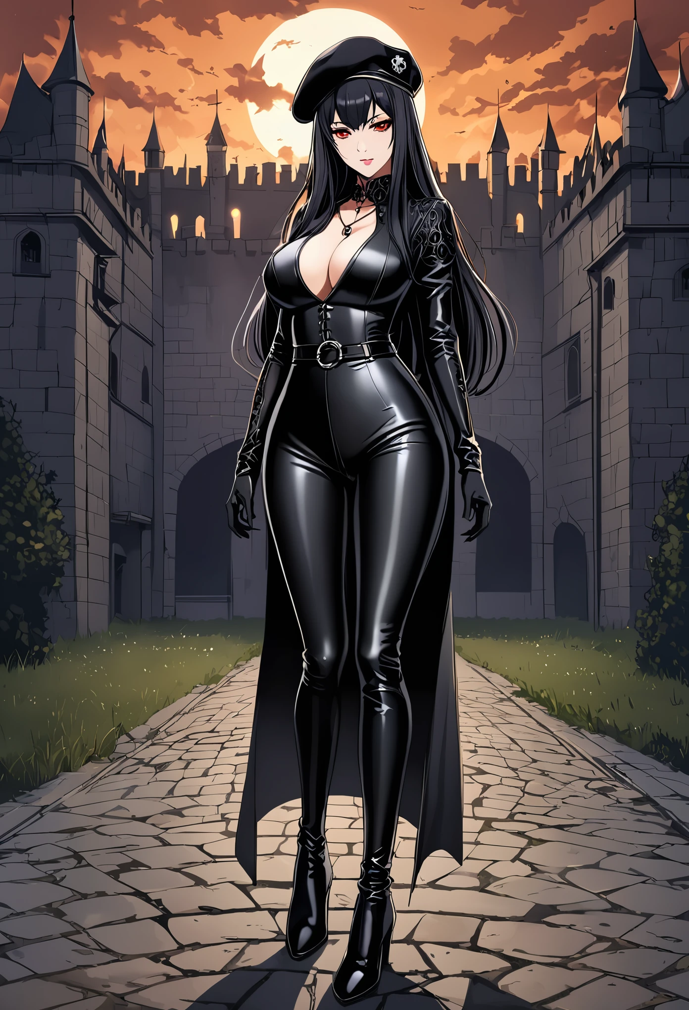 high quality, detailed image, Anime style, very rich and strict demon woman, high, stern face, long hair, lush breasts, demonic horns, in a tight costume of an aristocratic fencer with expensive jewelry but without a cloak or coat, without weapons, in leather boots, gloved, in tight trousers, wearing a beret, Without reservation, Without armor, stands on the training ground on the grounds of the demon king's castle, scary environment, evening, medieval fantasy