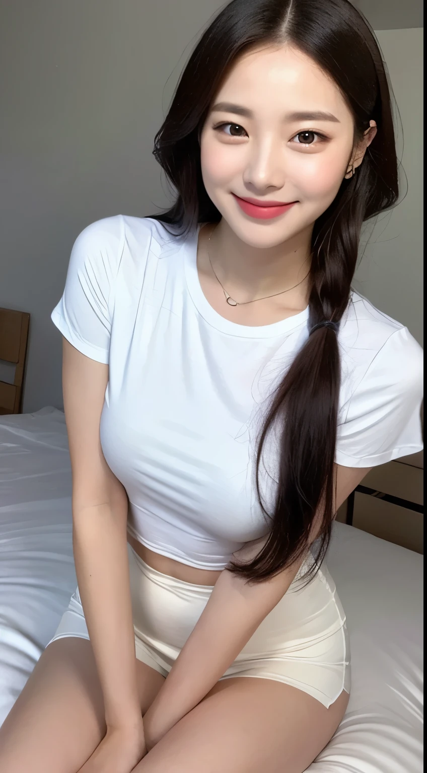(Masterpiece, best resolution: 1.2), (brown eyes), seduction, smile, long brown hair, small breast, high-definition facial features, 8K, double eyelids, delicate facial feature, ((bedroom)), (white oversize tee),  ((sitting on the bed))