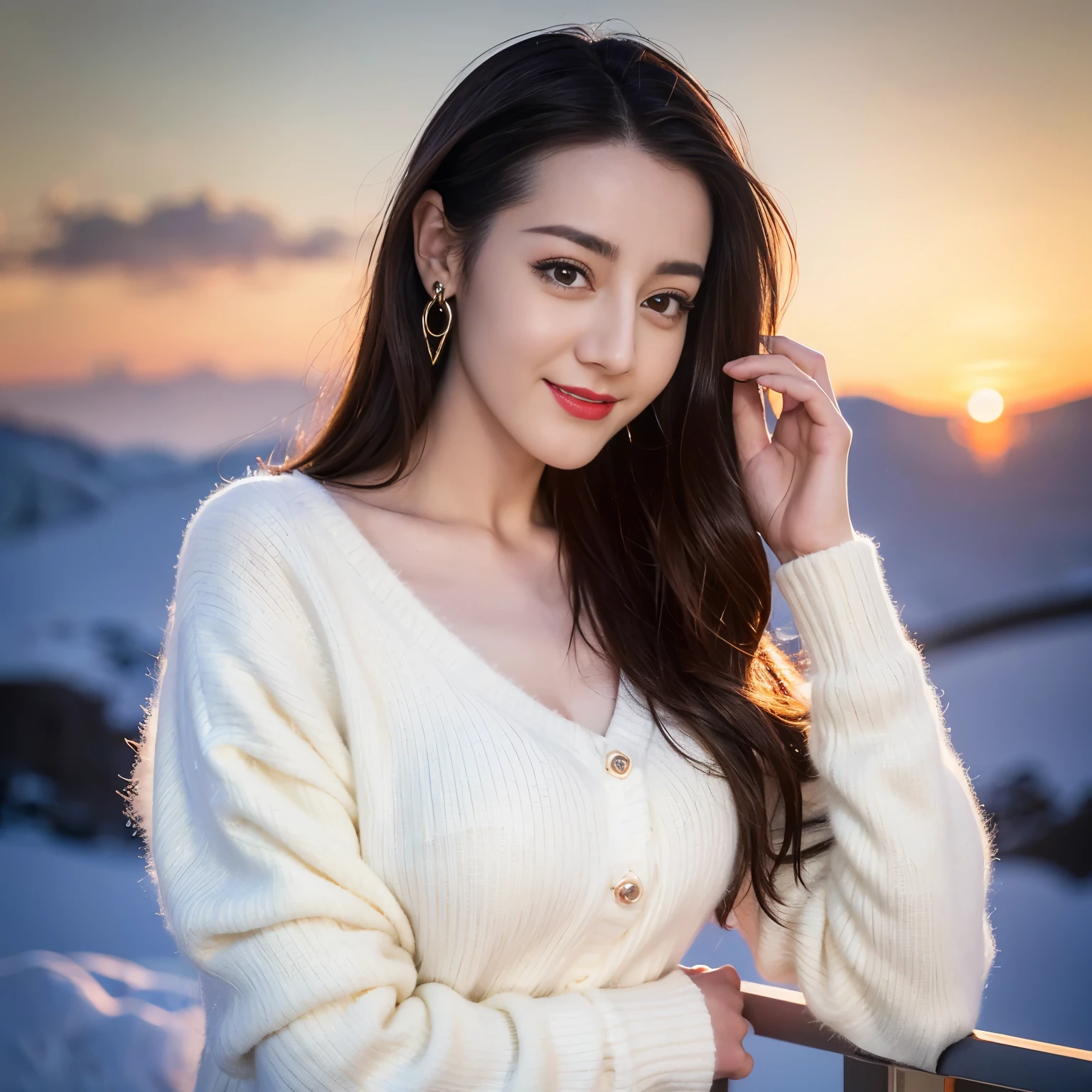 ((top quality、8k、​Masterpiece:1.3))、Extremely delicate and beautiful girl，full-body shot，huge breasts，bigger breasts，amazing breast size，G cup，Half of the breasts are exposed。Wear big earrings，Very white skin，moist red lips，Waist is very thin，Thighs are very thin，big butt，fair and smooth skin，Smooth and fair skin，flawless skin，Fair and shiny skin，cold white skin，The camera focuses on the chest，Bright light，white sweater，Lower body exposed，white hair，White hair，heavy snow，snow mountain，sunset，lake，sweet smile，mouth slightly open