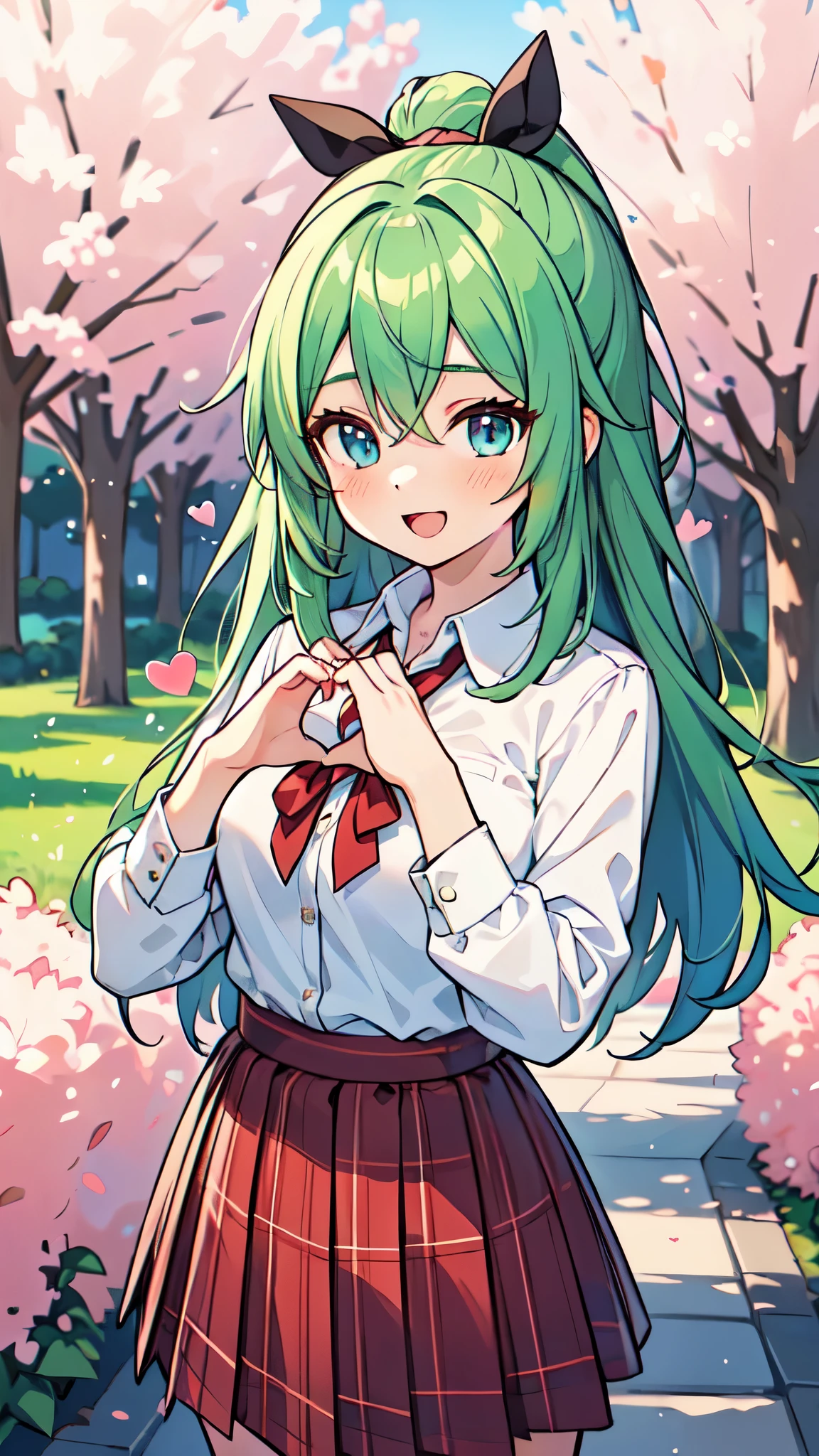 ((A Pretty High School girl with green hair and blue eyes)), ((wearing white collar shirt and plaid skirt)), Baby face, ((master piece, top-quality, ultra-definition, high resolution)), anime girl, ((ultra-detailed illust:1.2)), only one person, bangs, hair between eye, beautiful hair, Beautiful eyes, Medium breasts, Big smile, opened mouth, cherry trees, schoolyard, ((heart sign with hands))