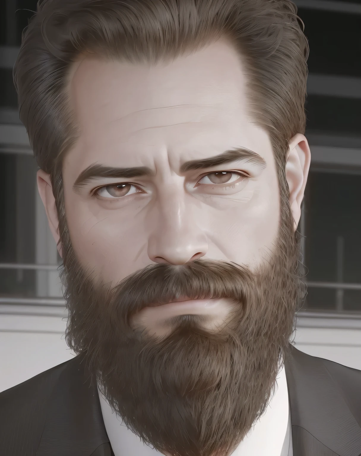 (best quality,4k,8k,highres,masterpiece:1.2),ultra-detailed,(realistic,photorealistic,photo-realistic:1.37),38-year-old man,medium:portrait,masculine features,expressive eyes,beard and mustache,weathered skin,strong facial bone structure,sharp jawline,handsome smiles,natural lighting,warm color tones,detailed clothing,stubble,confident poses,urban background,well-groomed hairstyle,deep gazes,stylish attire,subtle wrinkles,maturity and elegance,mysterious atmospheres,bold and charismatic expressions,intense gazes,professional men,refined style,experienced looks,serious yet approachable,aged to perfection,a touch of grays,gentlemen with character,exquisite details,stainless suits,confidence in their eyes,expertly tailored outfits,wise and knowledgeable,classic yet modern vibes,aura of sophistication,brooding sensibilities,contemplative expressions,refined gentlemen with timeless charm,sparkling eyes and wisdom,impeccable taste,handsome gentlemen,commanding presence,confident gentlemen with a touch of vulnerability,brooding and intense,life-experienced faces.