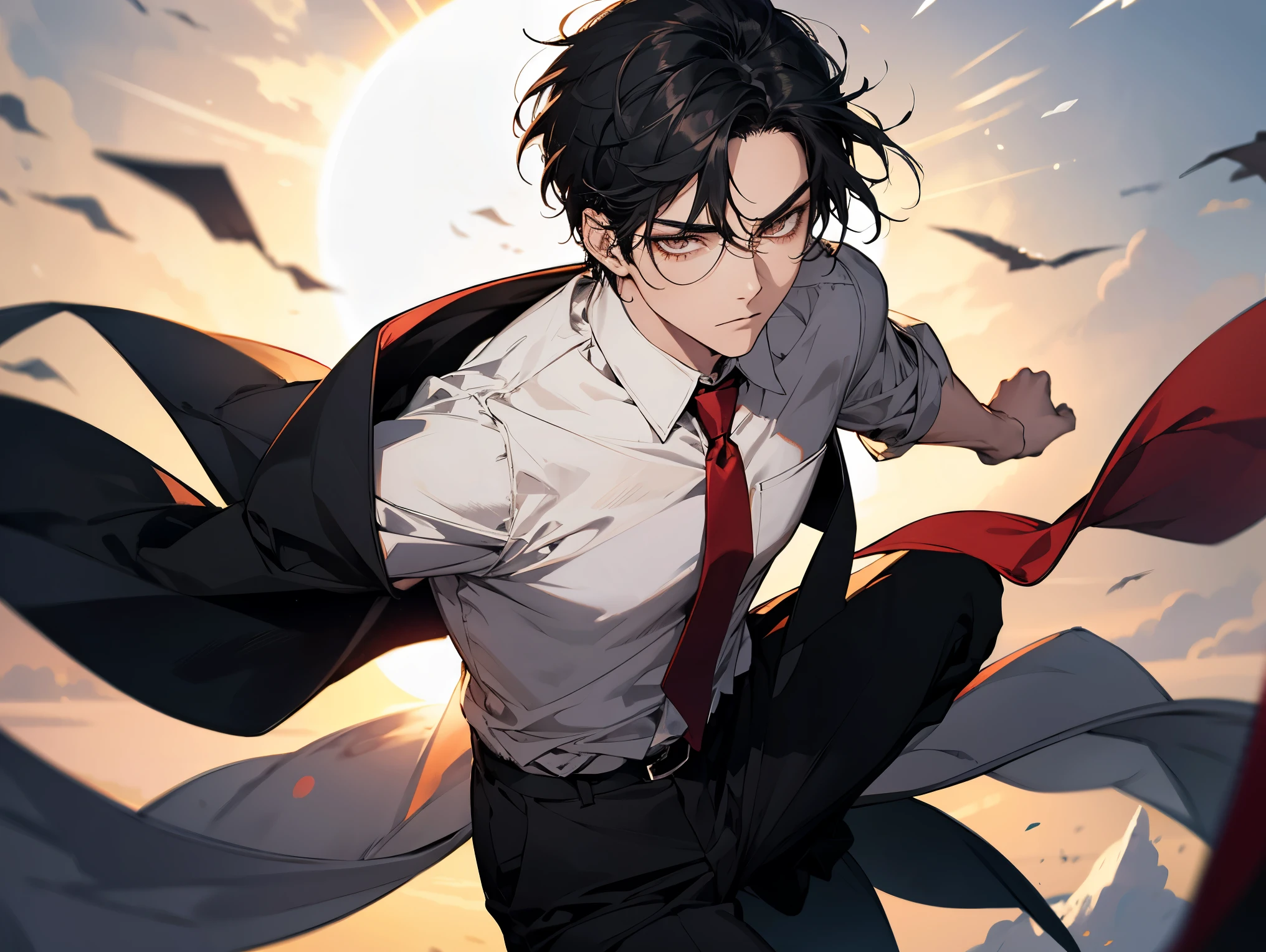 1 man, teacher, wearing white shirt, rolled up sleeves, black long pants, black hair, short hair, face to detail, detailed eyes, white eyes, with no expression, red tie, the background is the sun in china, Flying pages, In a fighting position.