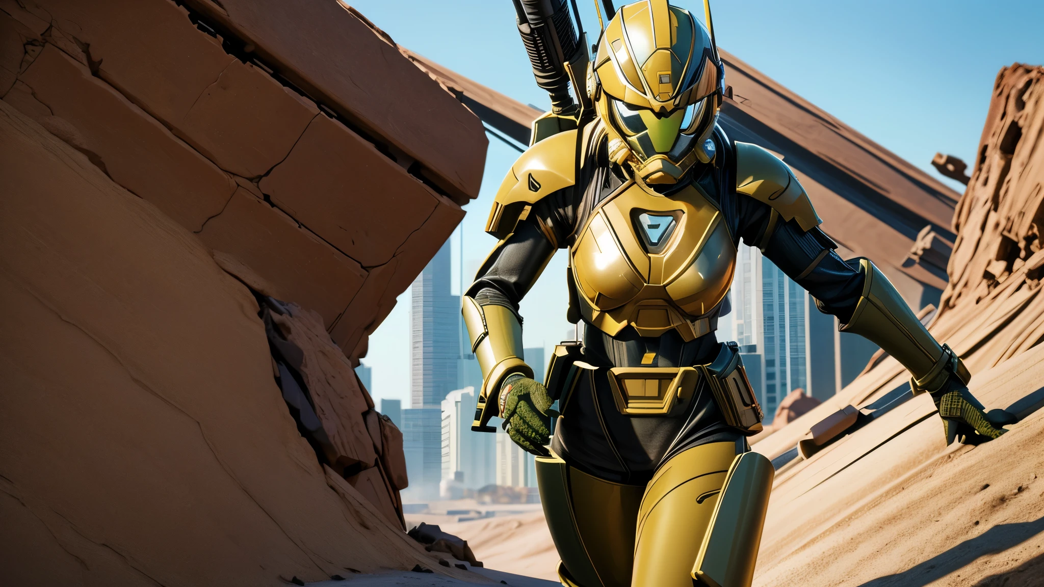 (best quality,4k,8k,highres,masterpiece:1.2),ultra-detailed, Armored Female Trooper fighting her way through an urban wasteland, HDR, 8k, absurdres, cinestill 800, sharp focus, add_detail:3 (solo woman) Sentai,