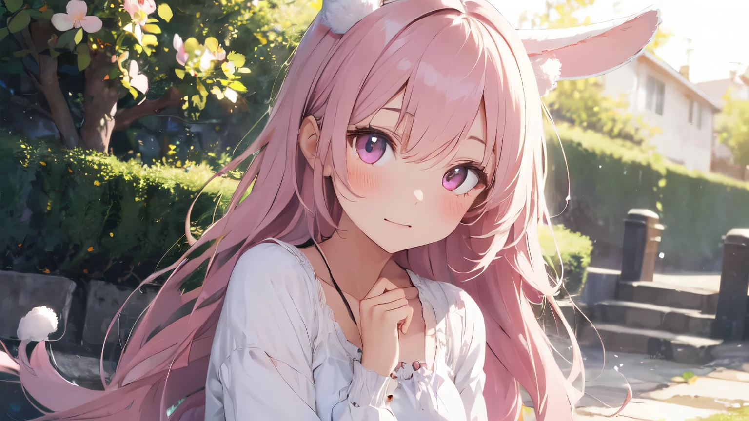 beautiful illustrations, highest quality, pretty girl, pastel colour, fluffy rabbit ears, pink long hair,light pink eyes,sunny spring day,date