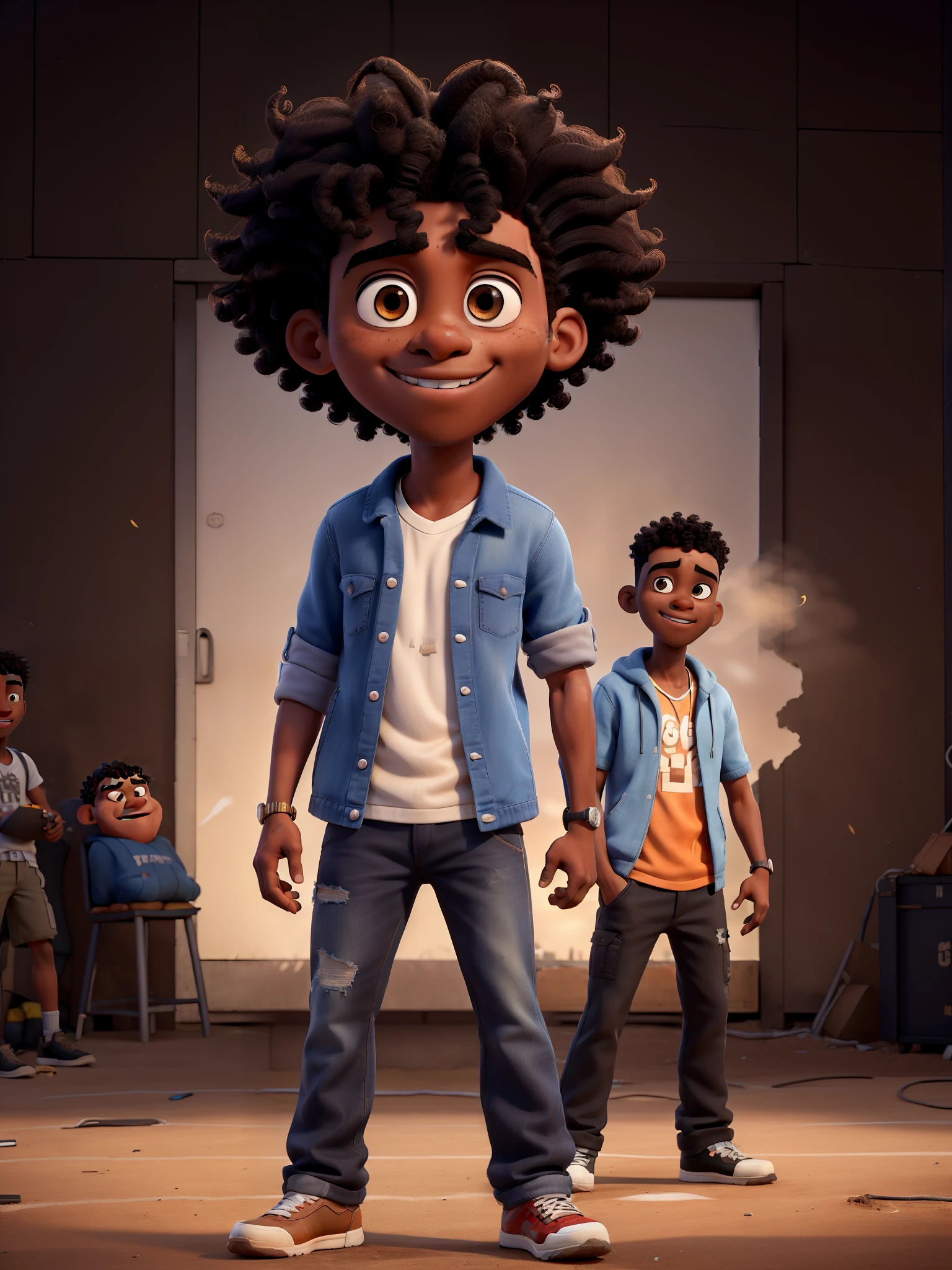 Create a drawing based on my appearance when I was 19 years old in a rap battle setting with a microphone. I'm a dark-skinned boy with medium curly hair and a low fade, inspired by Pixar-style drawings."