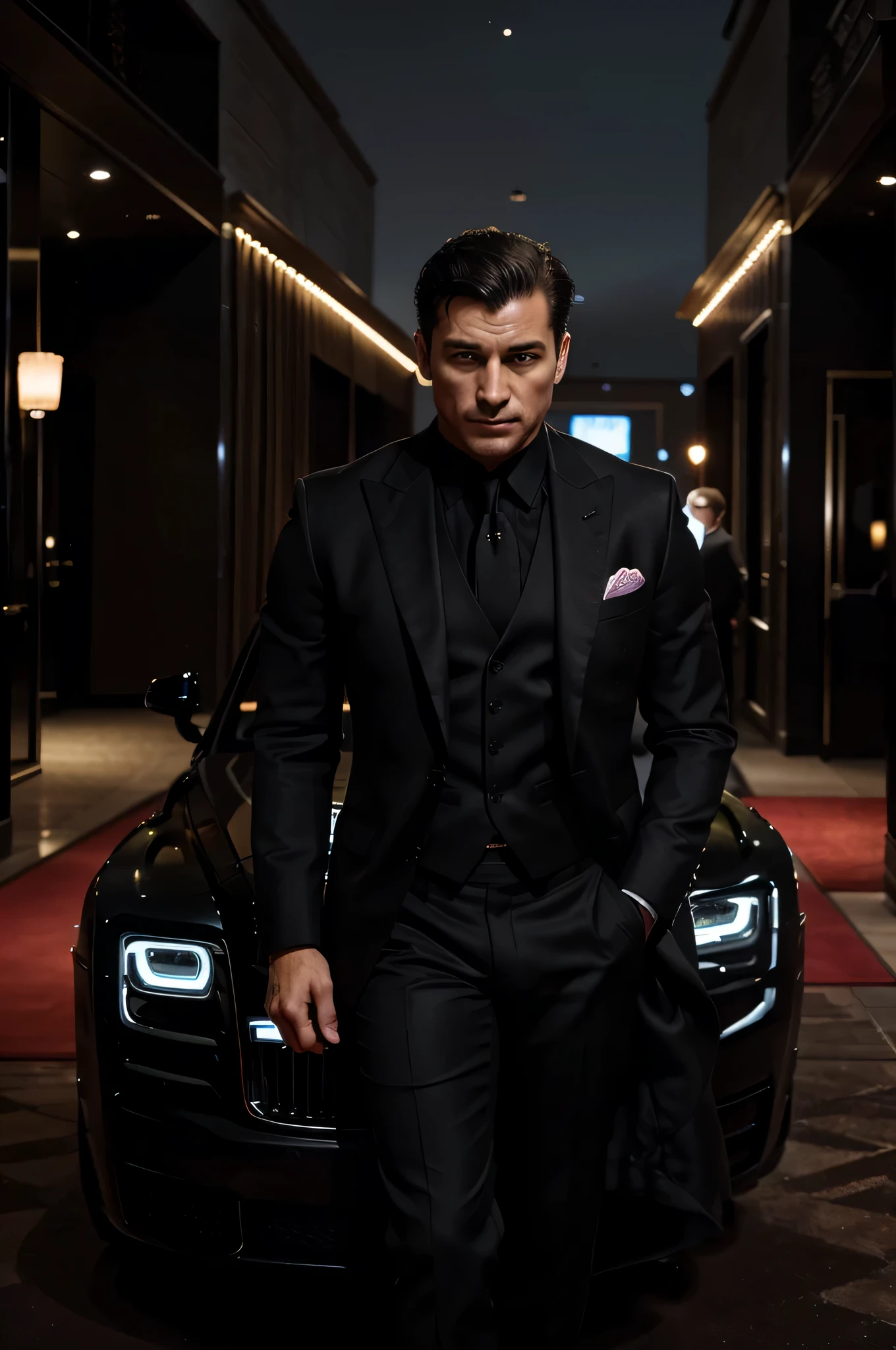 A man from black Rolls-Royce has arrived to a big hotel for a meating,he stepped out on red carpet from black Rolls-Royce his outfit was three piece blac and black suit and black tie and a huge crowd was looking at him and meney cameras are flashing in the dark night with colourful lights around the senior and the entire scenario is very rich