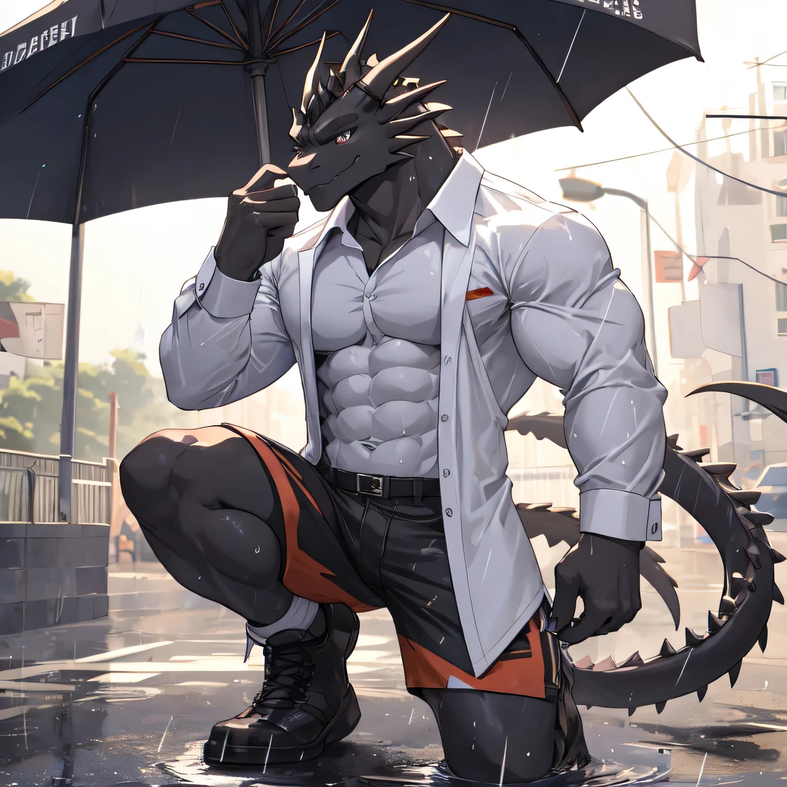 masterpiece, anthropomorphic black dragon ,black nice, Shorts only,social person Gari macho good looking lower leg pants get wet in the rain White suit dress shirt Show off your abs one person