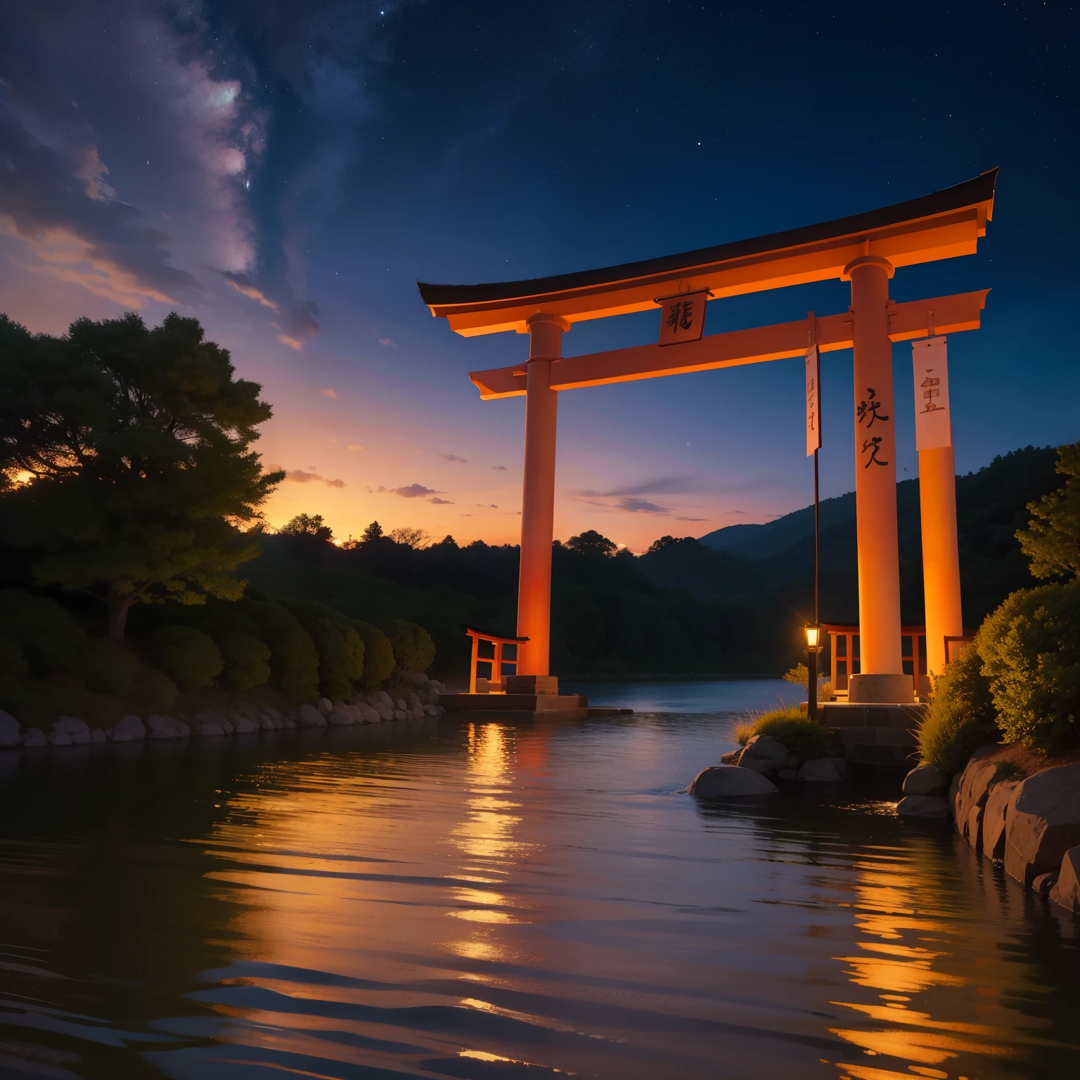 water彩画(beautiful beautiful:1.2)、water、liquid、night、Colorful、night、美しいnight、starry sky、素晴らしいnight、Otorii、There is hope beyond the torii gate、lots of light、cloud